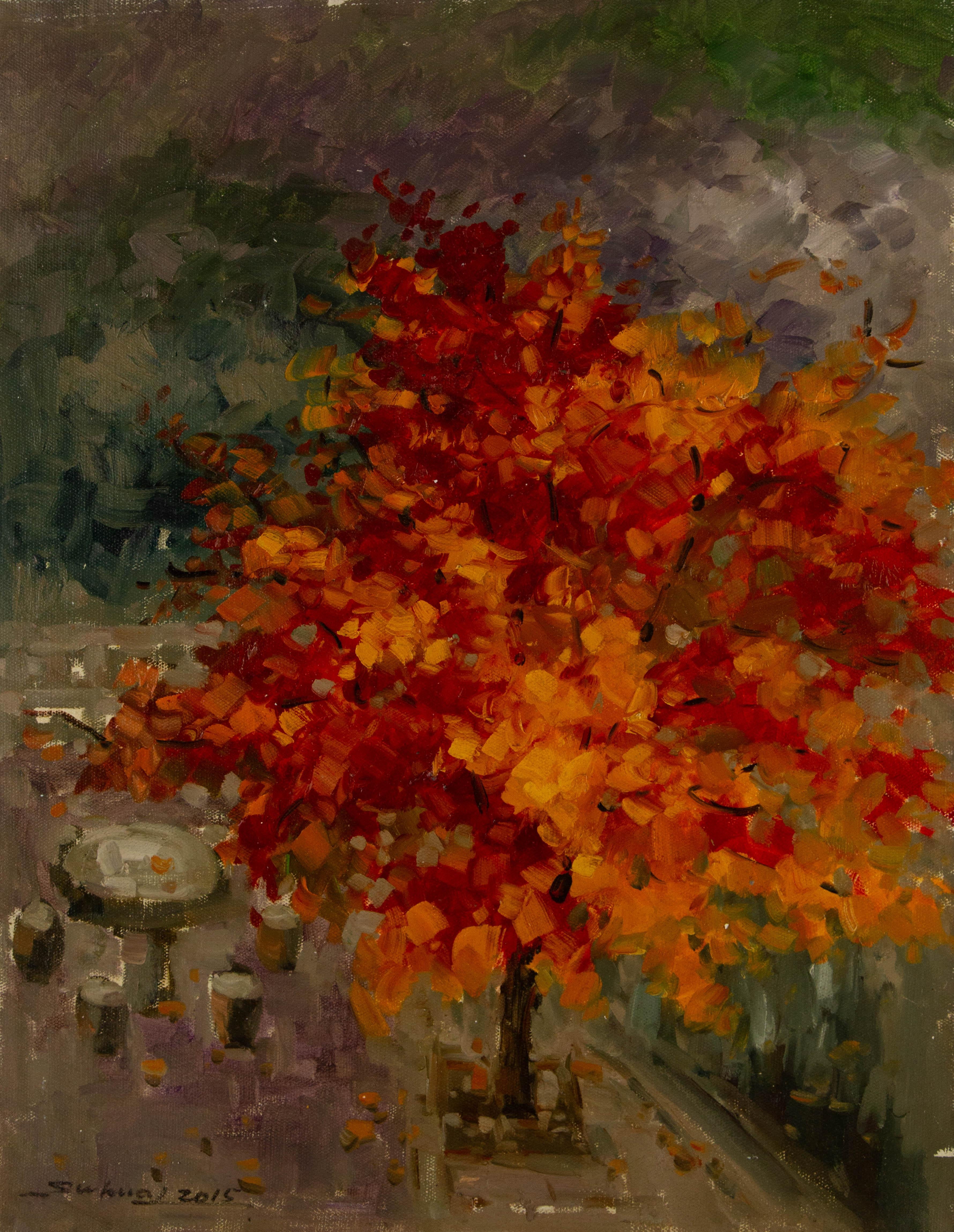  Titolo: Paesaggio autunnale di Laoshan
 Medium: Olio su tela
 Dimensioni: 25 x 19,5 pollici
 Cornice: Possibilità di incorniciatura!
 Condizioni: Il dipinto appare in ottime condizioni.
 Nota: questo quadro non è teso
 Anno: 2015
 Artista: Jingjing