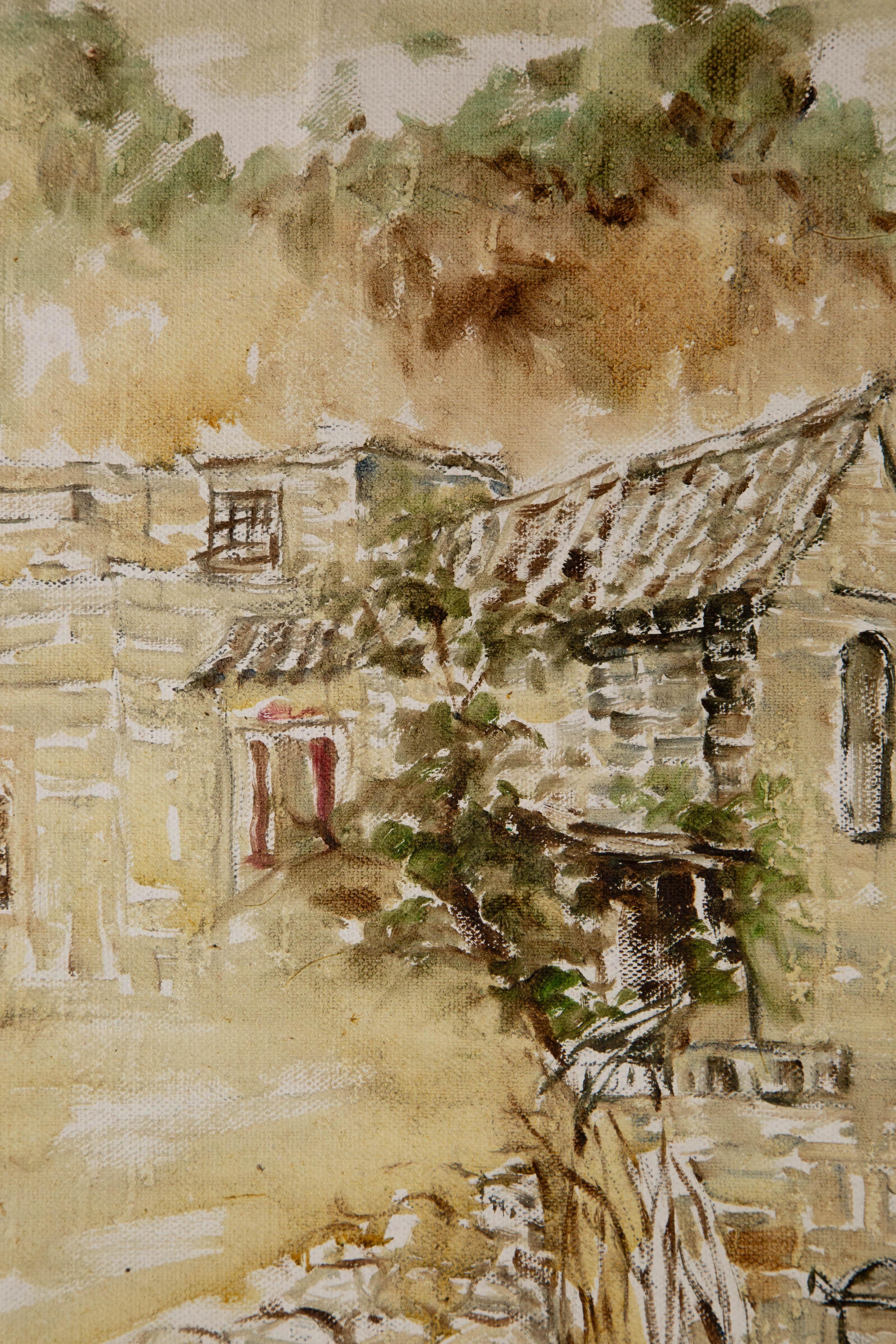 Jingjing Wang Landschaft, Original-Ölgemälde „Old Courtyard“, Jingjing Wang im Angebot 1