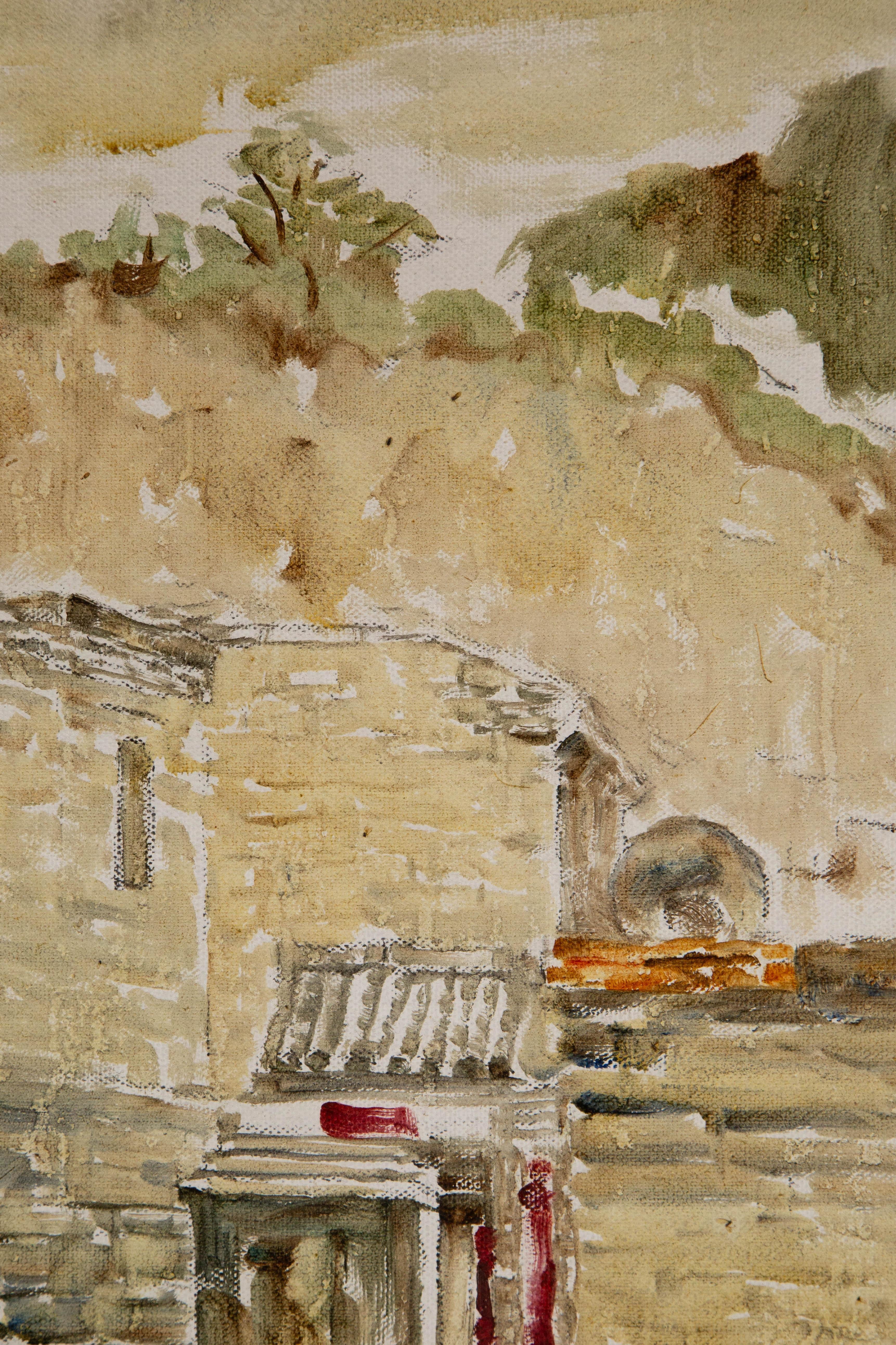 Jingjing Wang Landschaft, Original-Ölgemälde „Old Courtyard“, Jingjing Wang im Angebot 3
