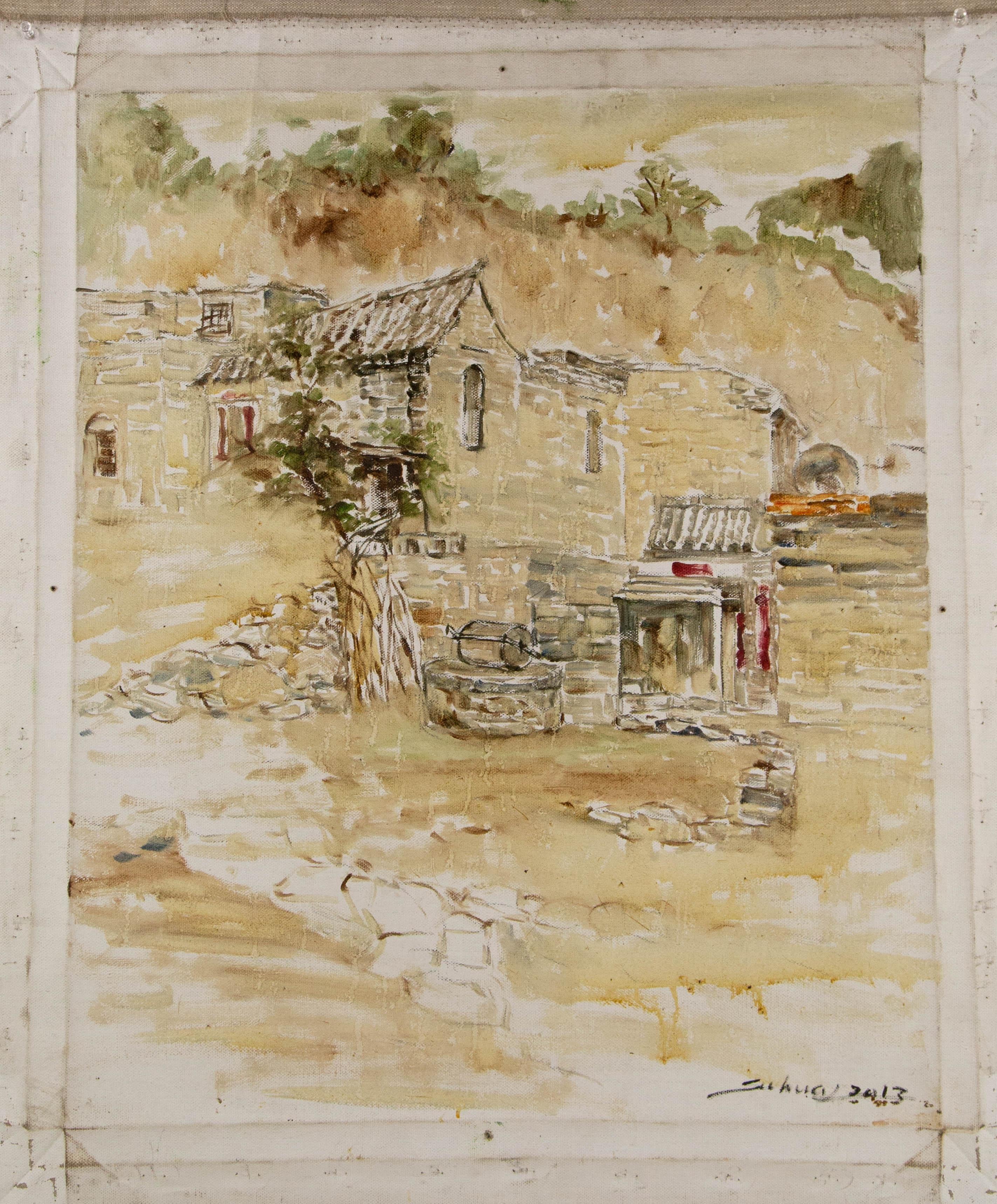 Jingjing Wang Landschaft, Original-Ölgemälde „Old Courtyard“, Jingjing Wang im Angebot 7