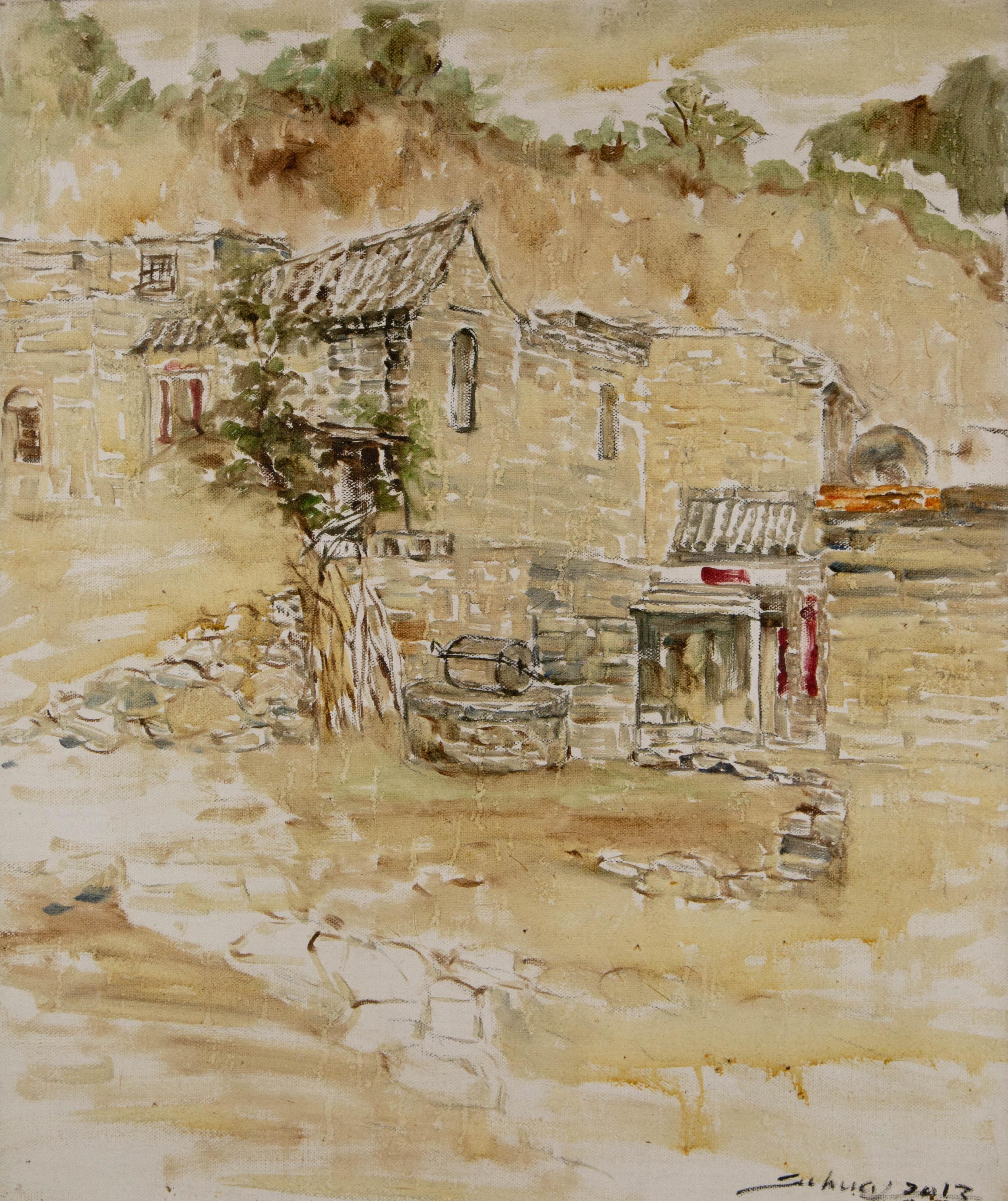Jingjing Wang Landschaft, Original-Ölgemälde „Old Courtyard“, Jingjing Wang