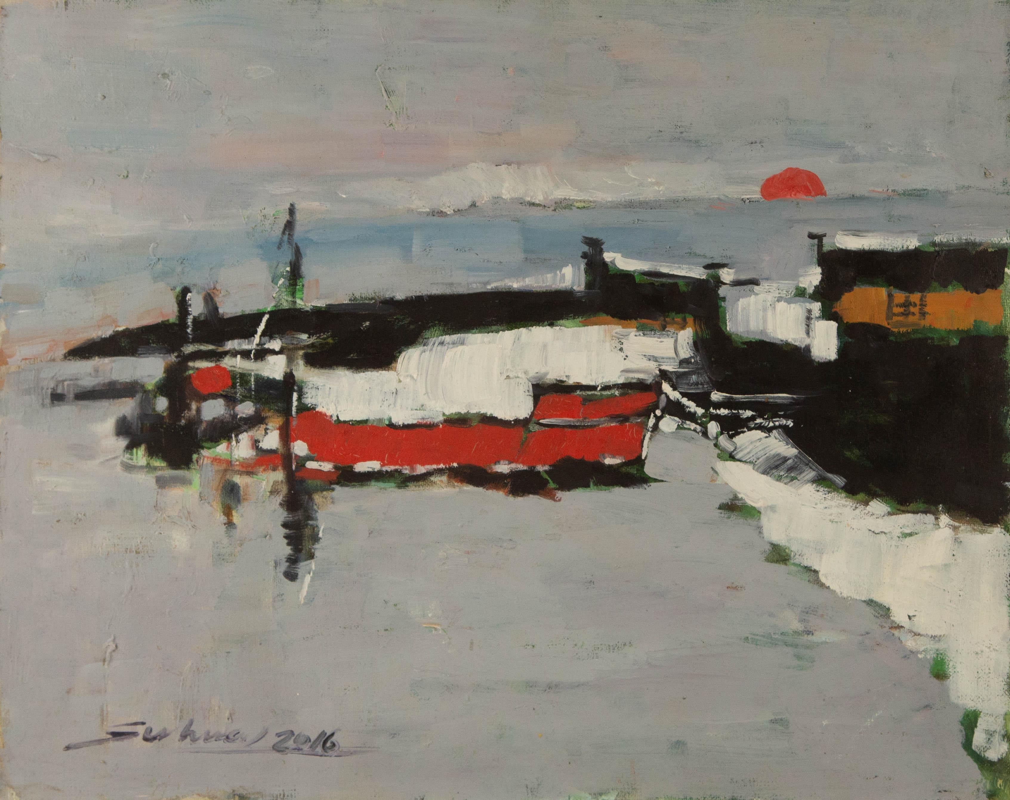  Title: Sunrise
 Medium: Oil on canvas
 Size: 15.75 x 19.75 inches
 Frame: Framing options available!
 Condition: The painting appears to be in excellent condition.
 Note: This painting is unstretched, shipped rolled unless stretching/framing is