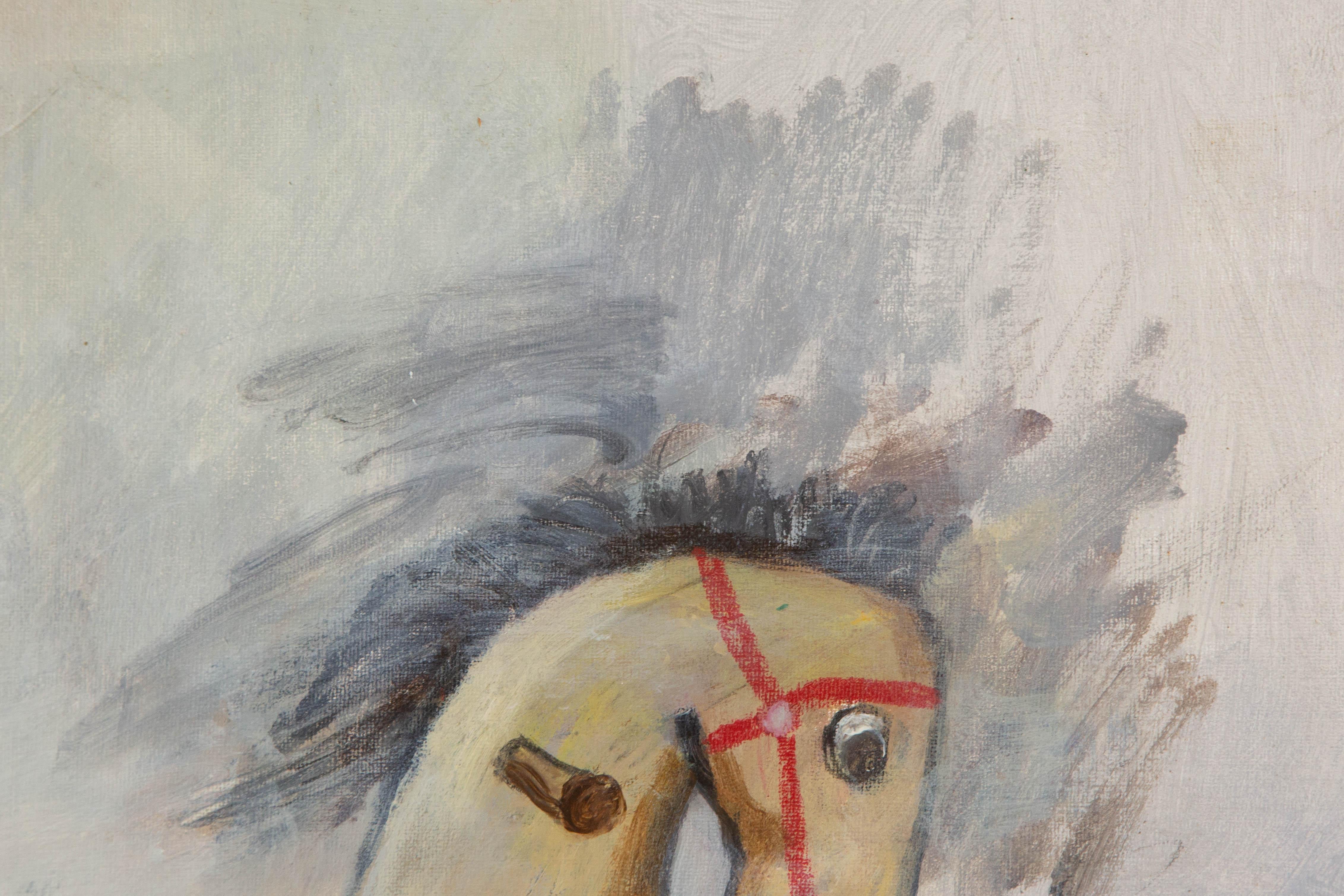  Title: Rocking Horse
 Medium: Oil on canvas
 Size: 20.5 x 19.75 inches
 Frame: Framing options available!
 Condition: The painting appears to be in excellent condition.
 Note: This painting is unstretched, shipped rolled unless stretching/framing