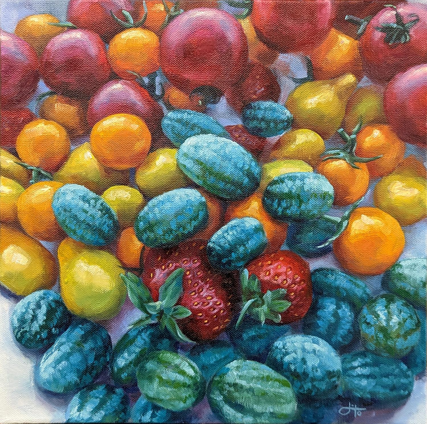 Jinny Tomozy Still-Life Painting - Rainbow Harvest, Oil Painting