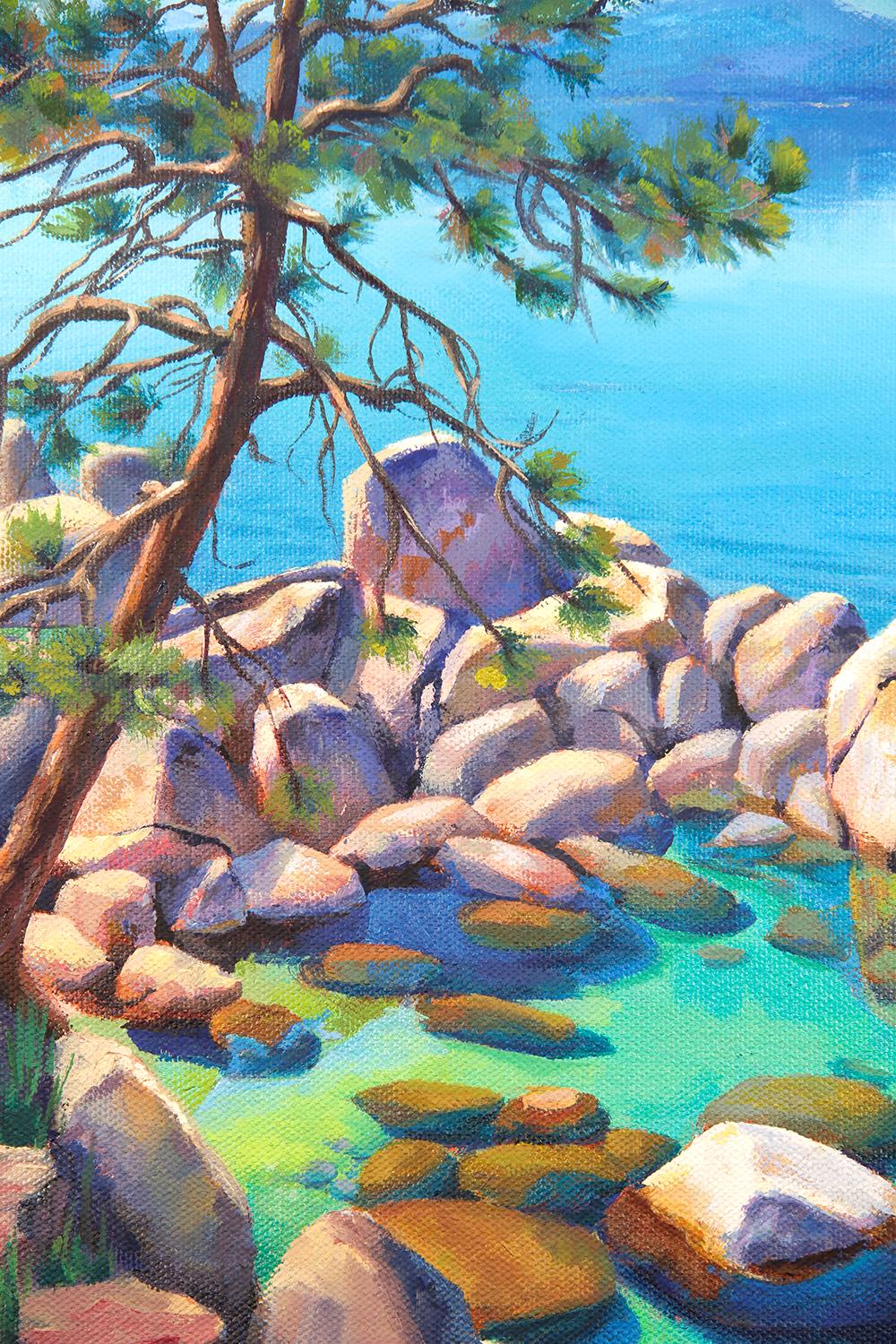 Emerald Pools, Ölgemälde (Blau), Landscape Painting, von Jinny Tomozy