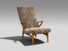 JIO Möbler, Chaise Lounge, Gray Shearling, Elm, Sweden, 1960s