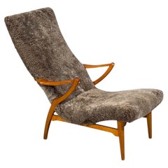 JIO Möbler, Chaise Lounge, Gray Shearling, Elm, Sweden, 1960s