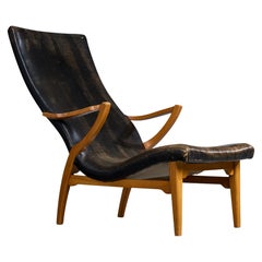 JIO-Möbler, fauteuil de salon, chêne, cuir, Suède, années 1960