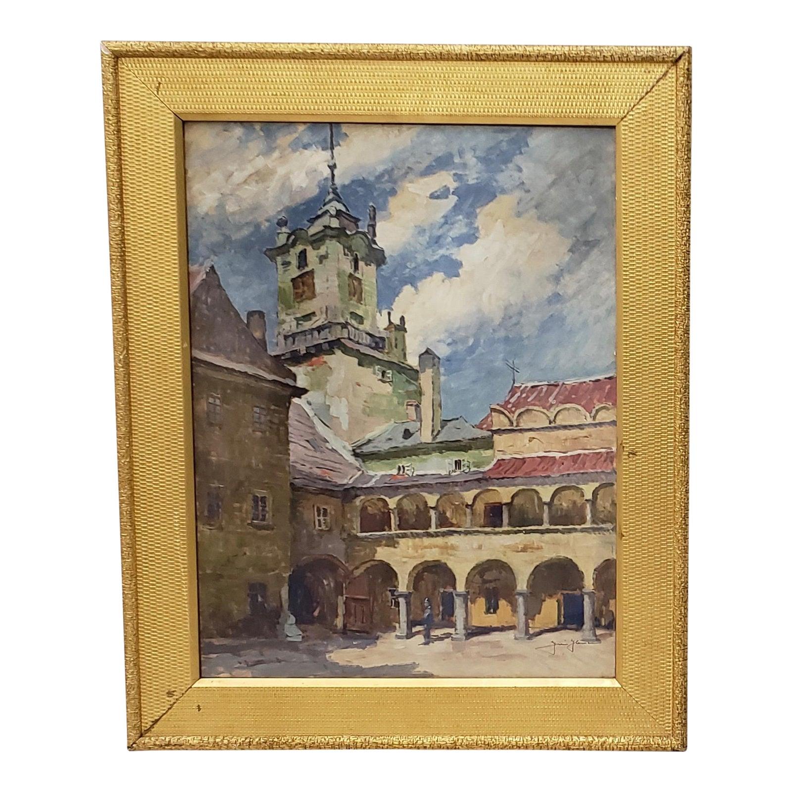 Jiri Herman Olio su carta Cortile dell'Europa meridionale con passaggio pedonale ad arco