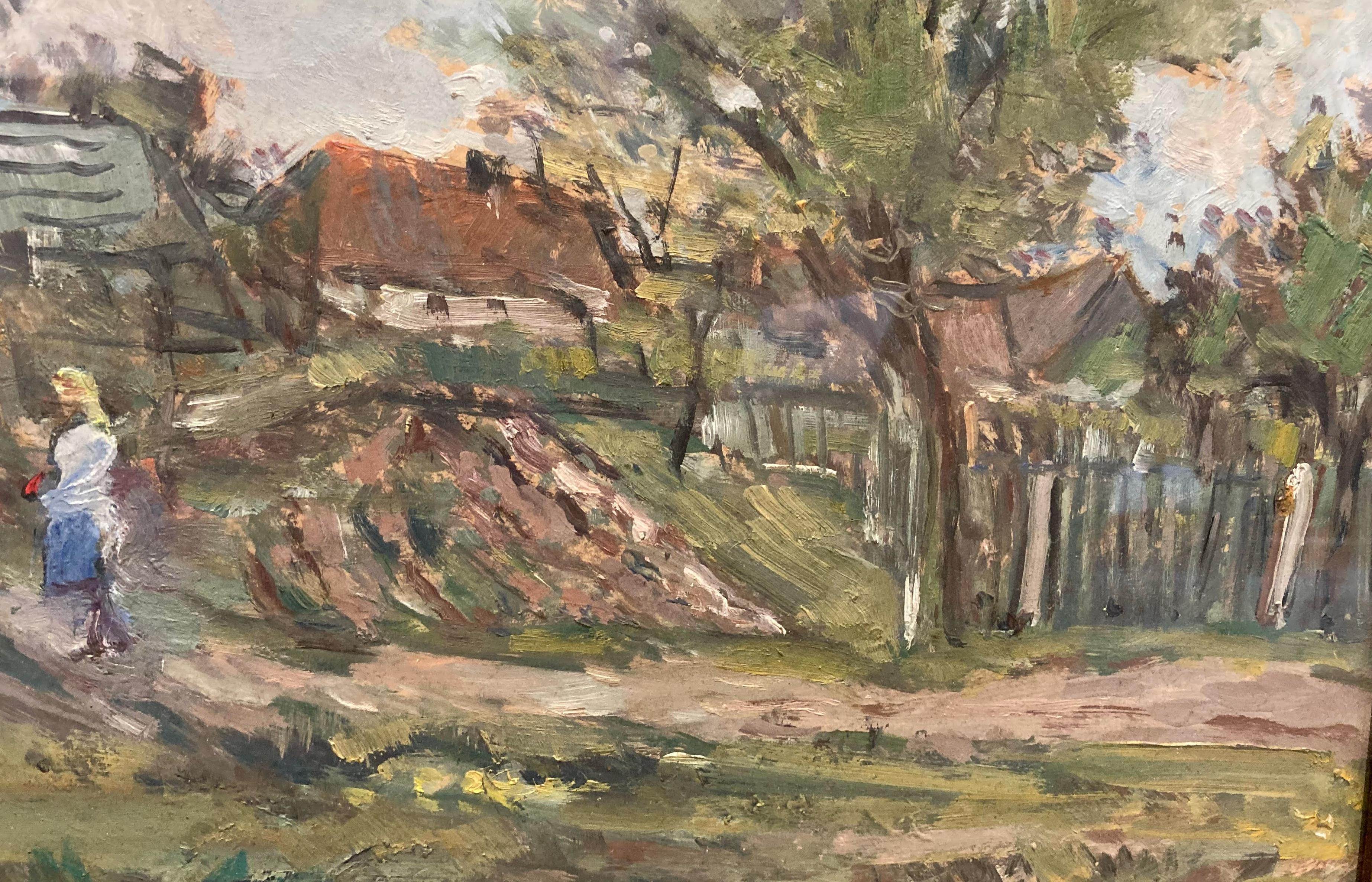 Ragazza sulla strada del villaggio (Quadro impressionista dalla Cecoslovacchia) - Painting di Jiri Karlinsky