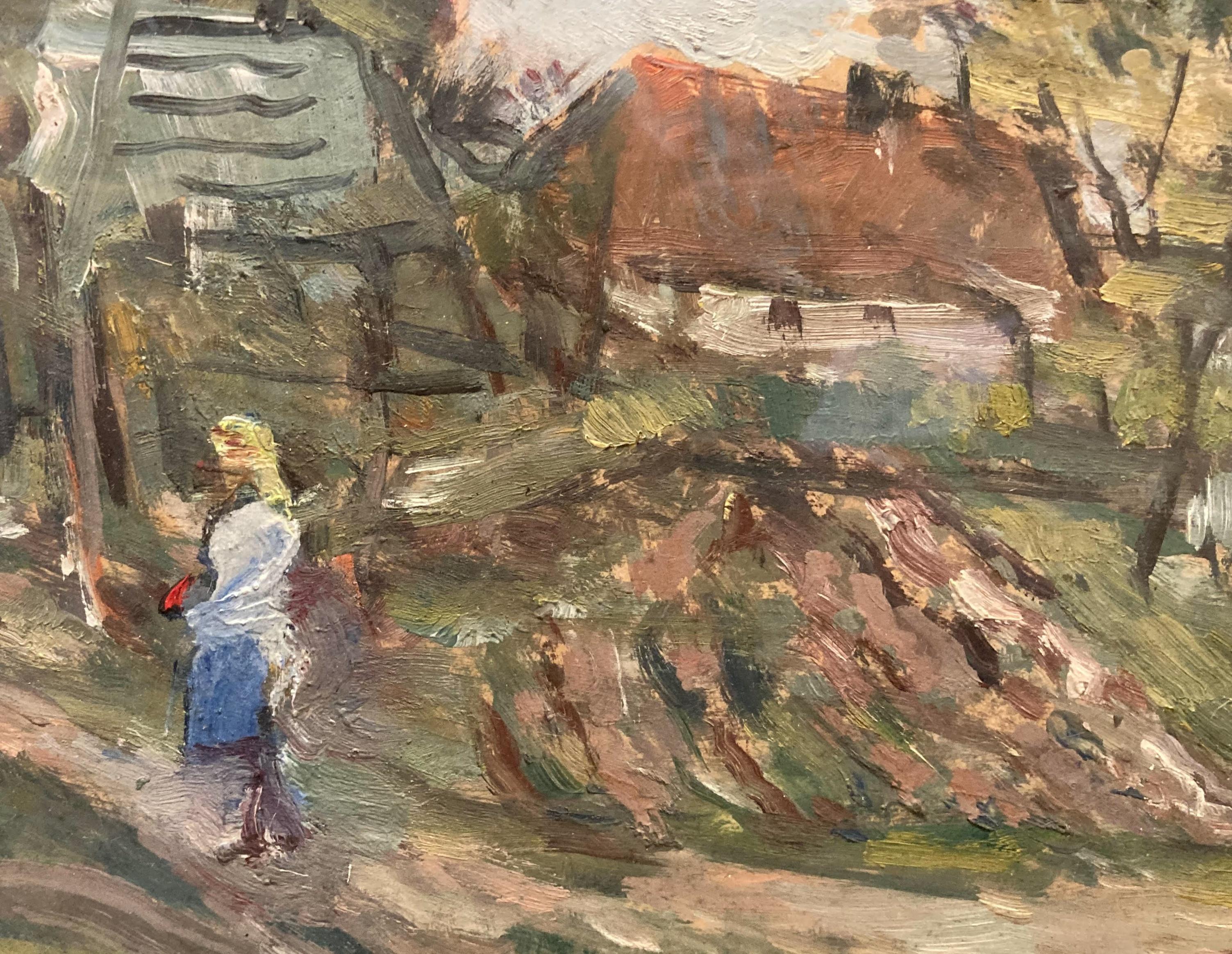 Ragazza sulla strada del villaggio (Quadro impressionista dalla Cecoslovacchia) - Landscape Painting Grigio di Jiri Karlinsky