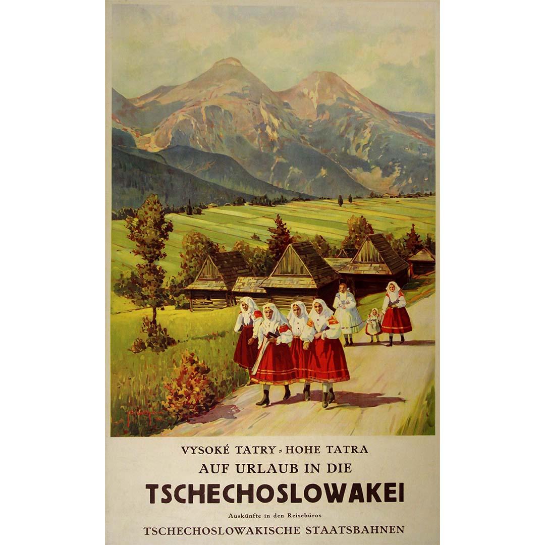 L'affiche originale de 1933 de Jiri Kojina pour "Vysoke Tatry Hohe Tatra Auf Urlaub in die Tschechoslowakei" capture l'attrait des Hautes Tatras en Tchécoslovaquie, invitant les voyageurs à s'embarquer pour une aventure inoubliable. Avec son