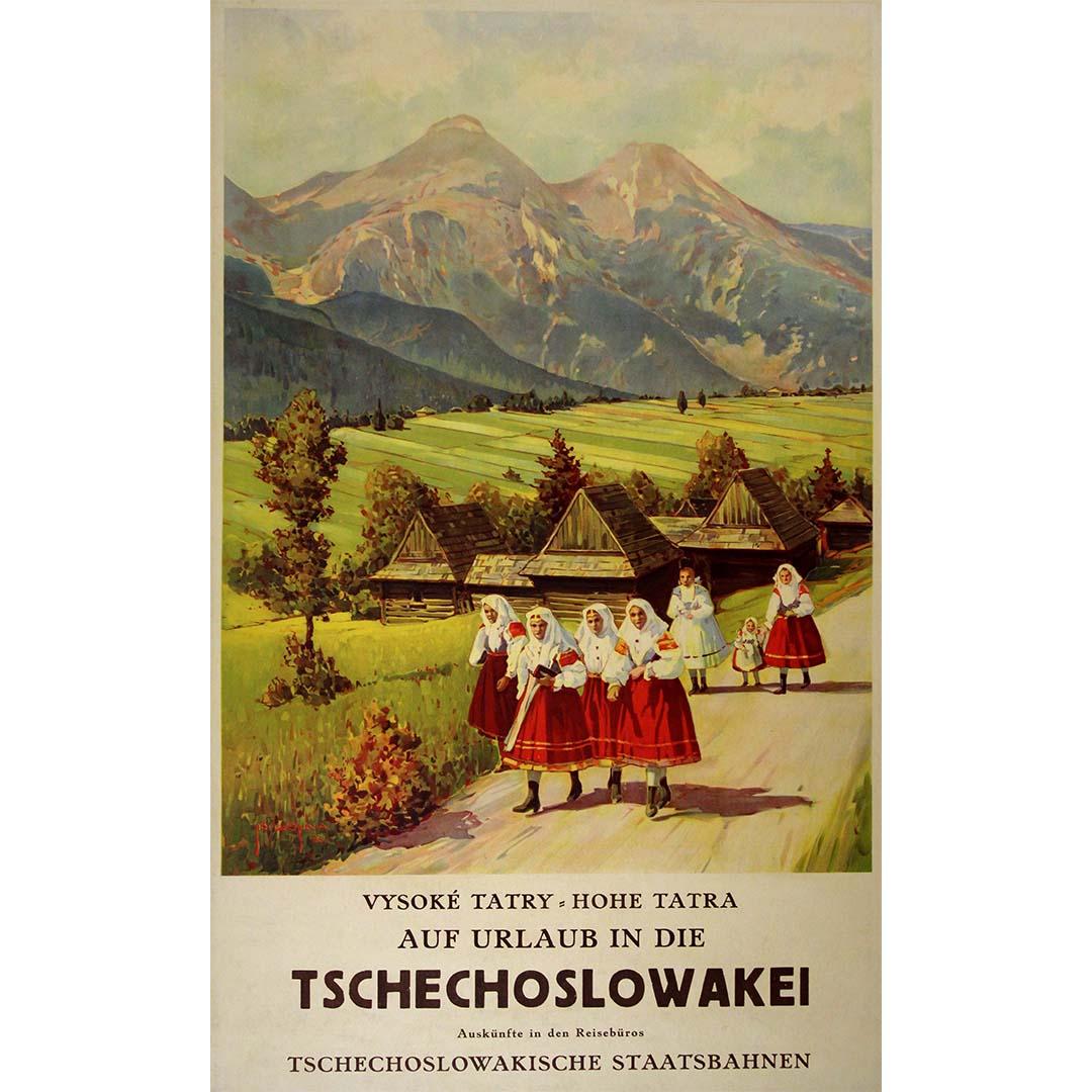 El cartel original de 1933 de Jiri Kojina para "Vysoke Tatry Hohe Tatra Auf Urlaub in die Tschechoslowakei" capta el encanto de los Altos Tatras en Checoslovaquia, invitando a los viajeros a embarcarse en una aventura vacacional inolvidable. Con sus