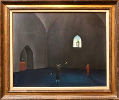 Used Czech Surrealism Judaica Oil Painting Rabbi, Menorah, Interior, Hollywood Artist