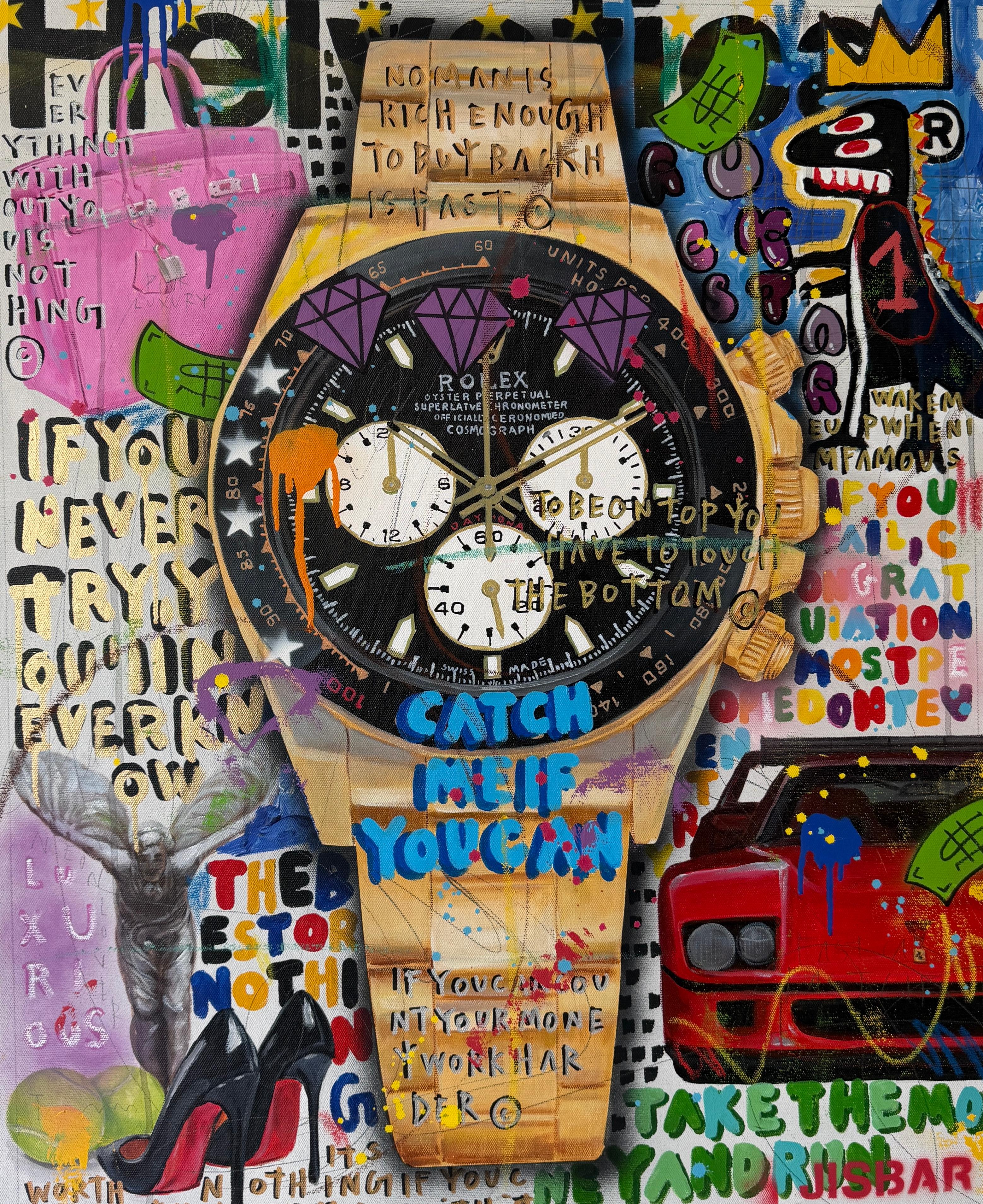 Jisbar Figurative Painting - Gold Rolex Painting, Acrylic Mixed Media, Pop Art, Signed, 92x73 cm