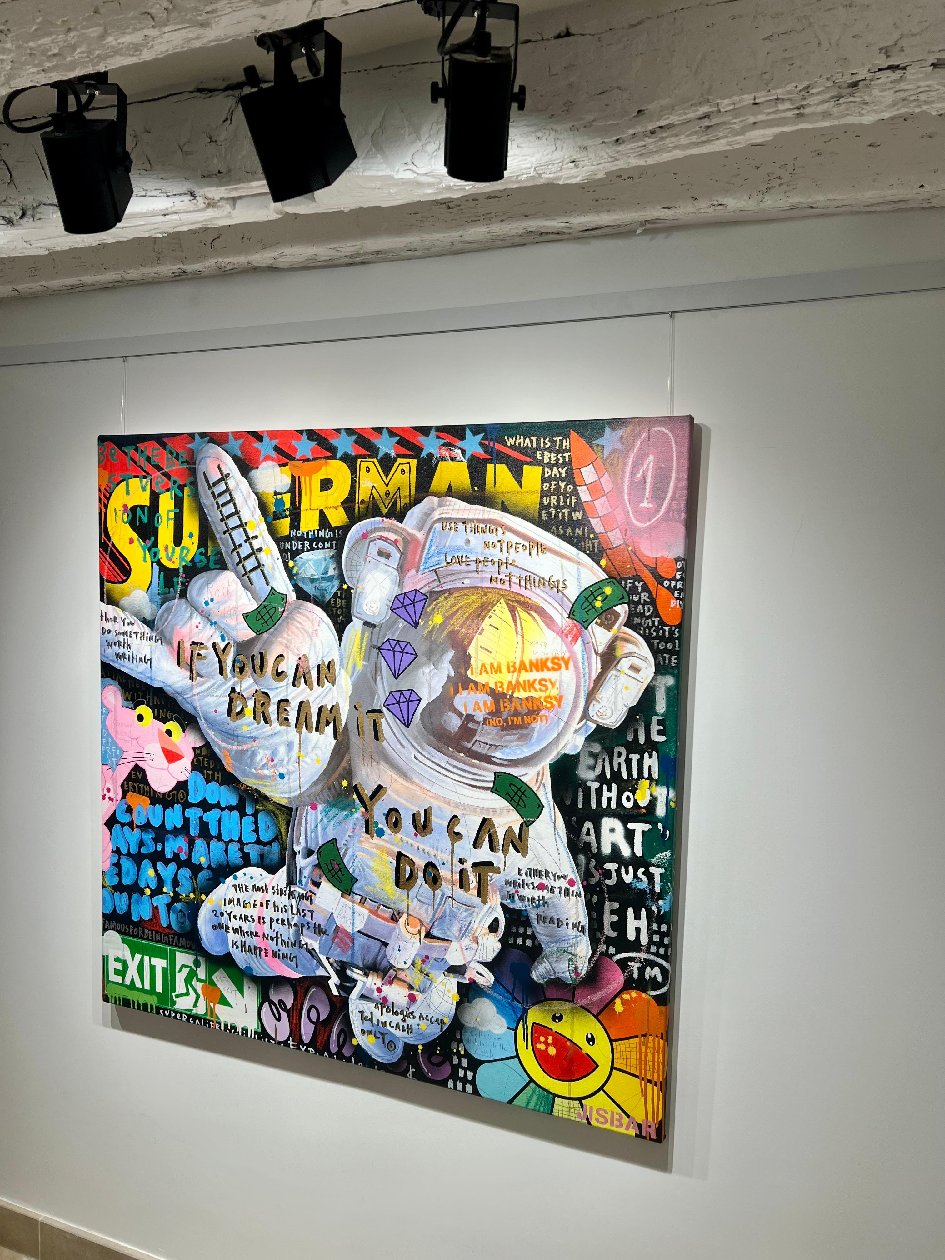 Original and unique painting in acrylic and mixed media.
Signed, dated and titled at the back of the canvas.
Sold with the Certificate of Authenticity. 

This vibrant and colorful artwork features two astronauts floating against a backdrop rich in