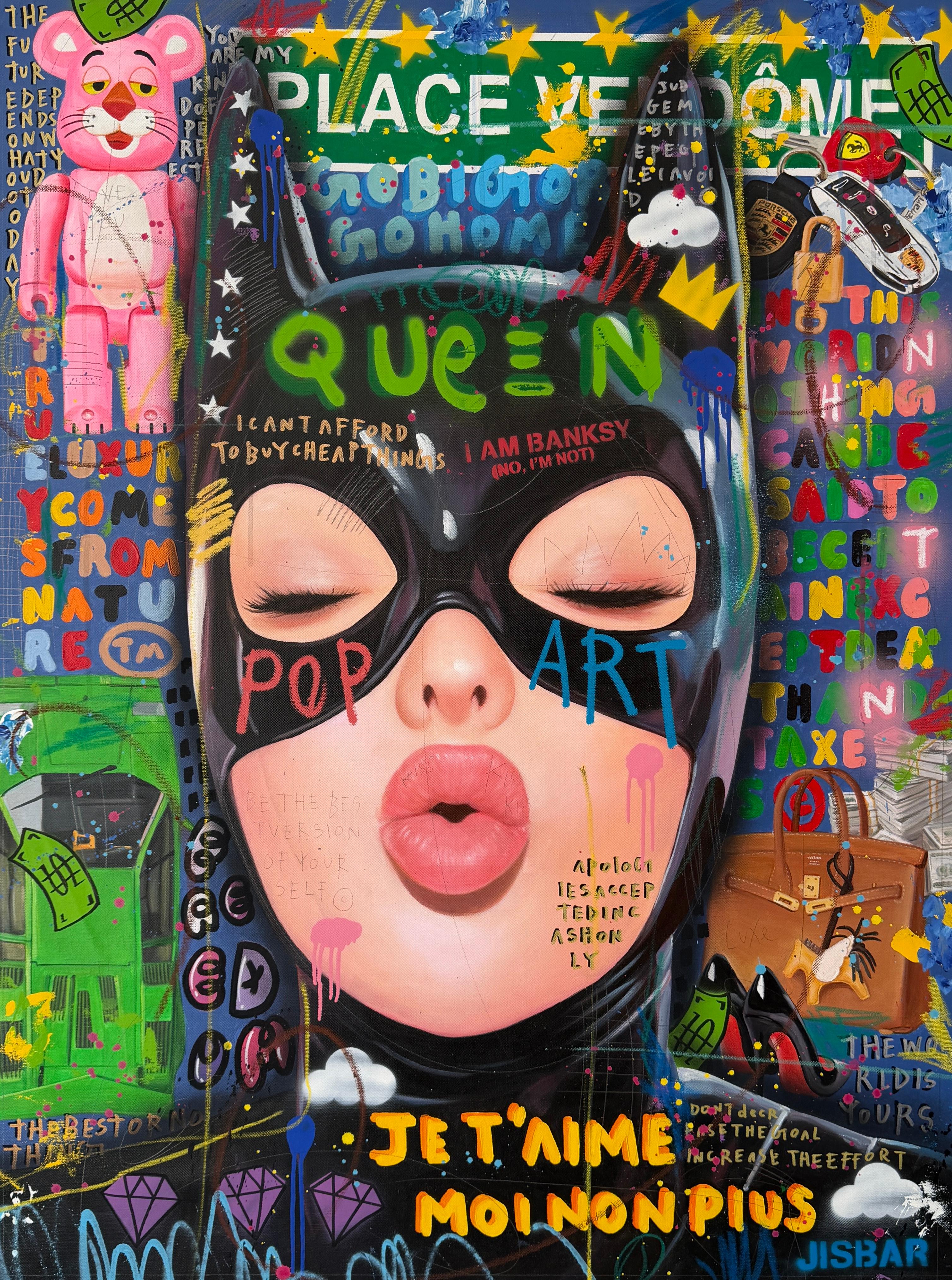 Jisbar Figurative Painting - Je t'aime Cat Queen Painting, Acrylic Mixed Media, Pop Art, 2026