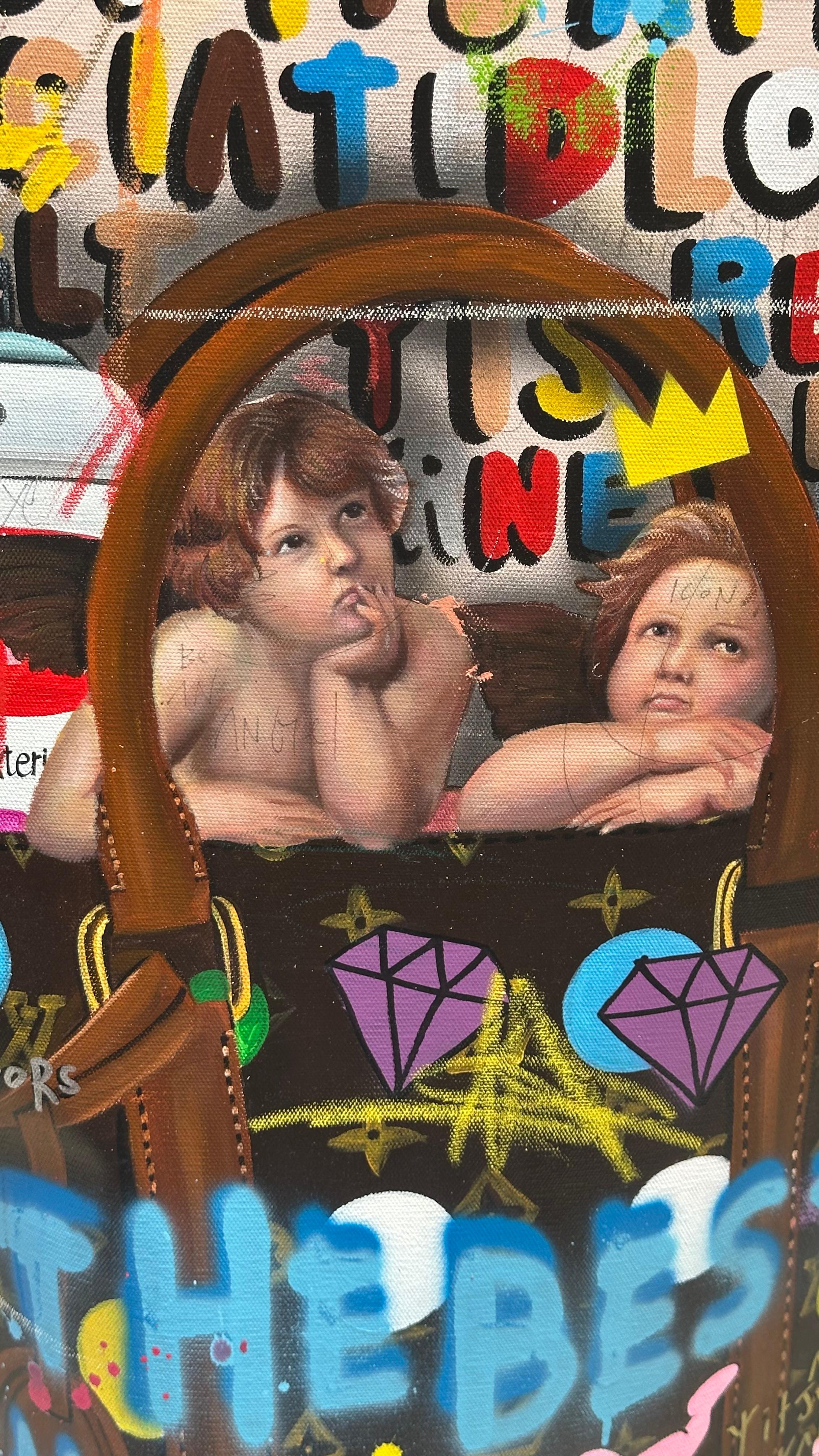 Sac LV avec des anges - Noir Portrait Painting par Jisbar