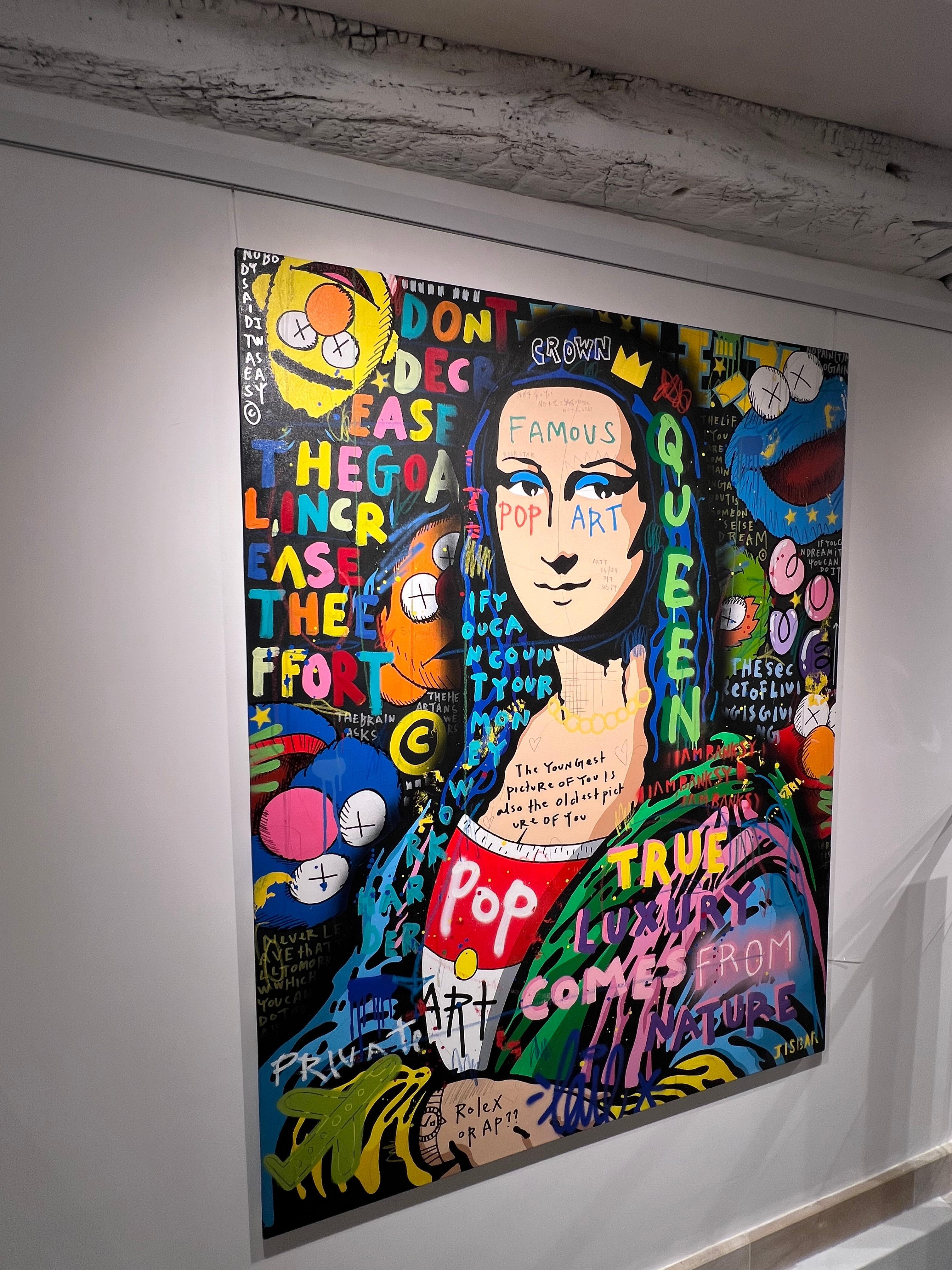 Quest'opera d'arte fonde audacemente l'estetica classica e moderna, incentrata su una vibrante reinterpretazione della famosa Monna Lisa. L'artista utilizza una varietà di colori sorprendenti e contrastanti che attirano immediatamente l'attenzione.