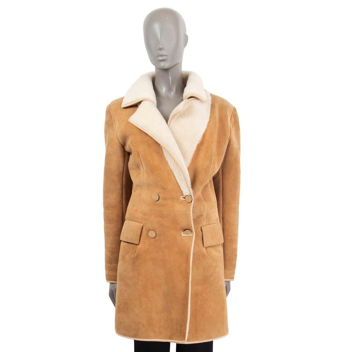 Beige JITROIS beige suede & ivory SHEARLING DOUBLE BREASTED Coat Jacket XS For Sale