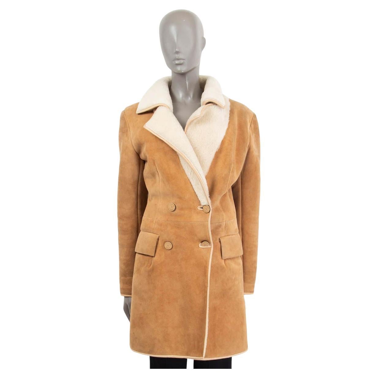 JITROIS beige suede & ivory SHEARLING DOUBLE BREASTED Coat Jacket XS