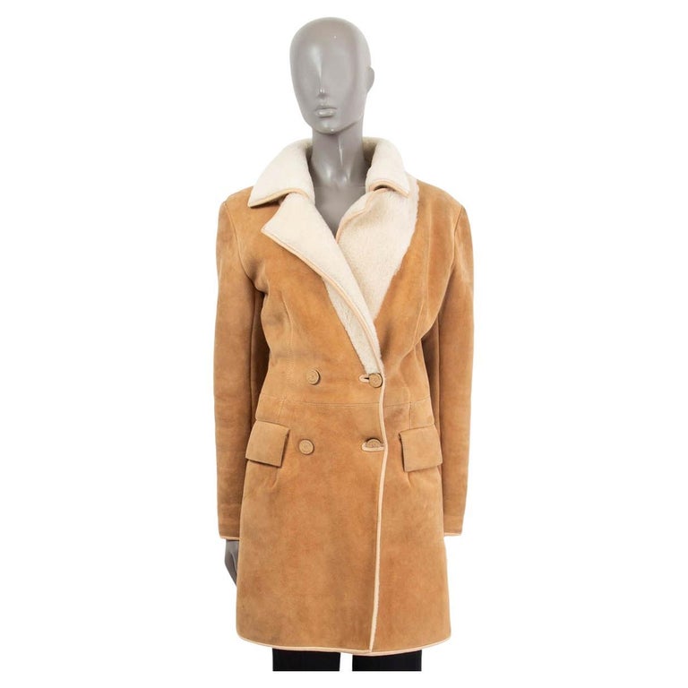 JITROIS beige suede & ivory SHEARLING DOUBLE BREASTED Coat Jacket XS For Sale