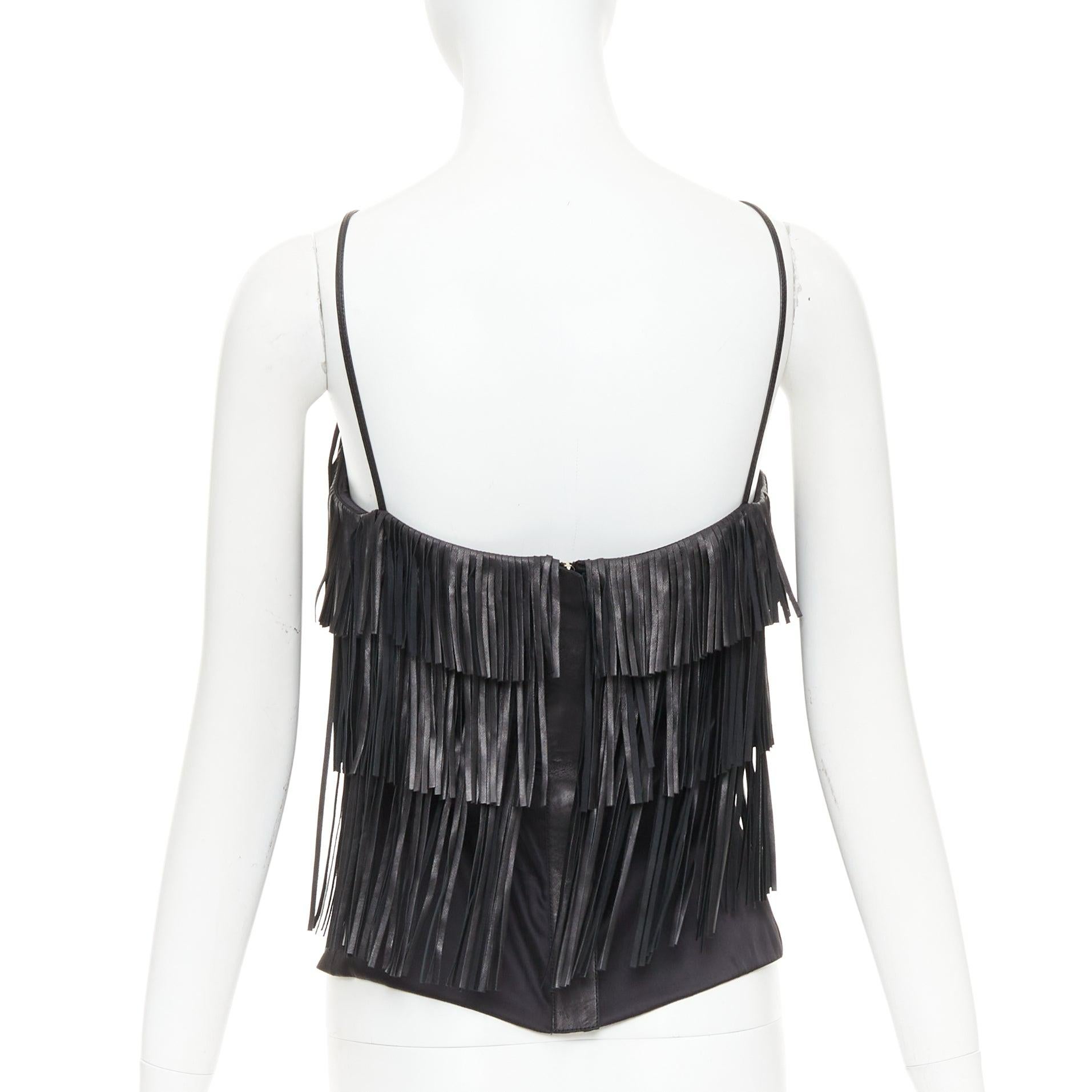 Donna JITROIS black fringed lambskin leather silk blend lined flapper top FR38 M in vendita