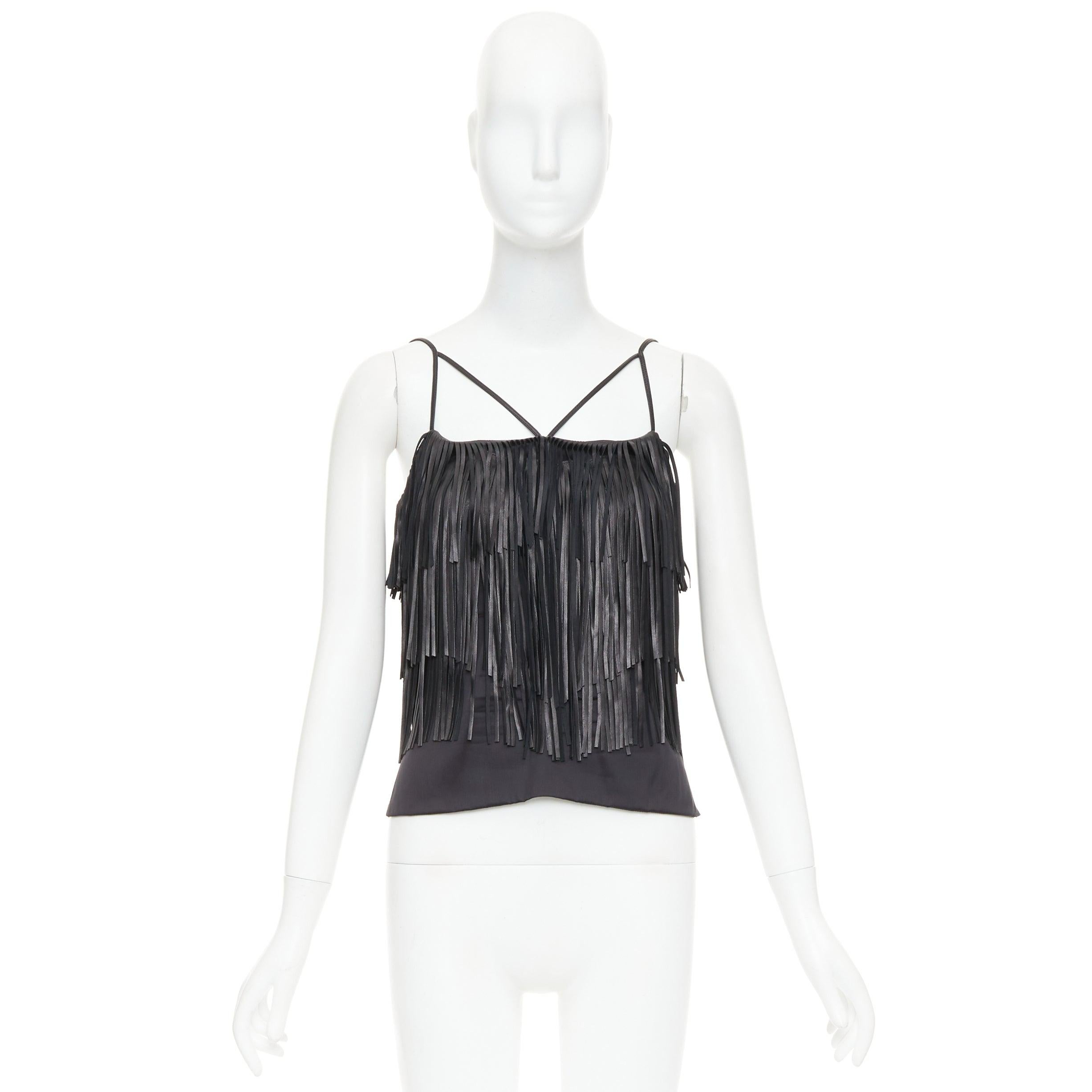 JITROIS black fringed lambskin leather silk blend lined flapper top FR38 M in vendita 4