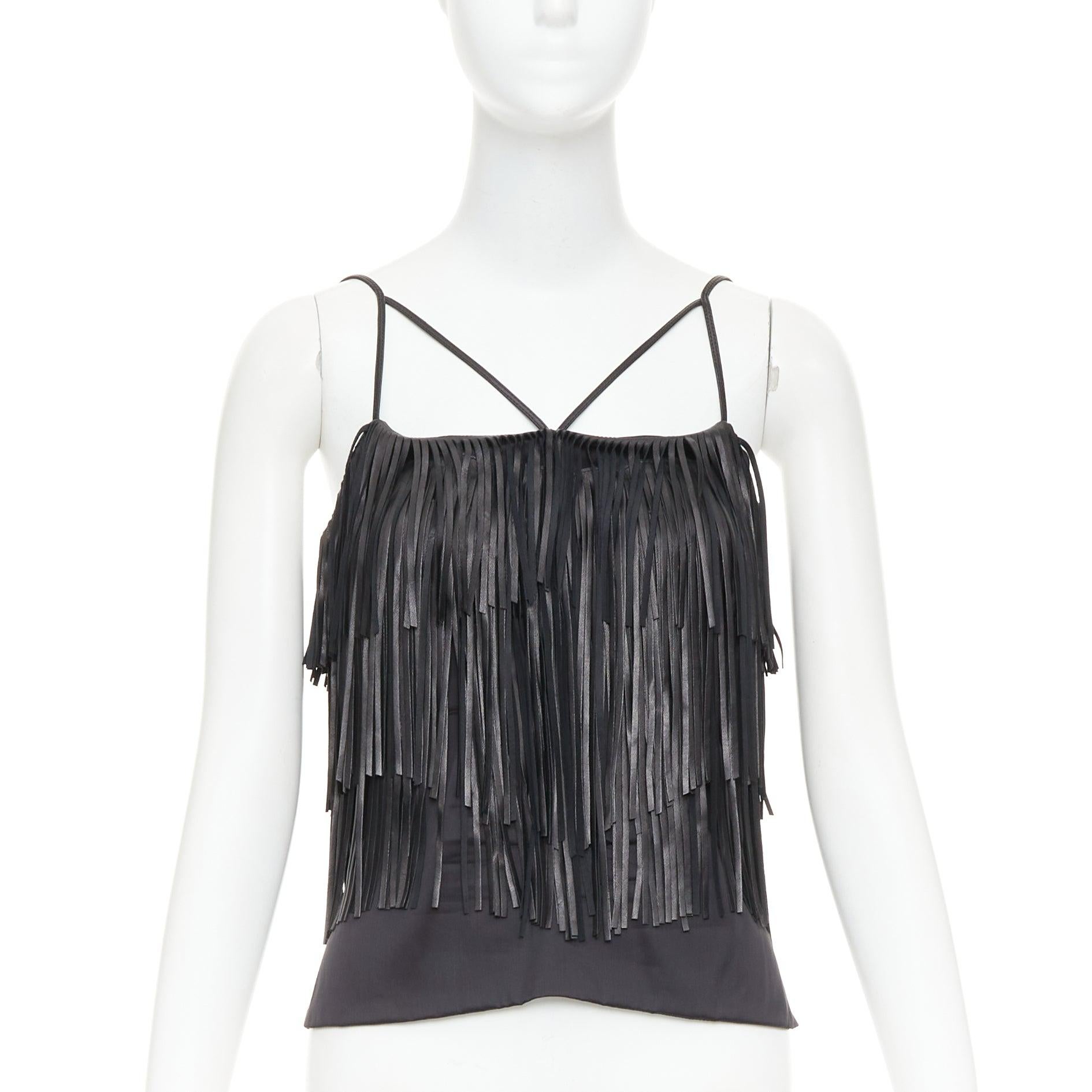 JITROIS black fringed lambskin leather silk blend lined flapper top FR38 M