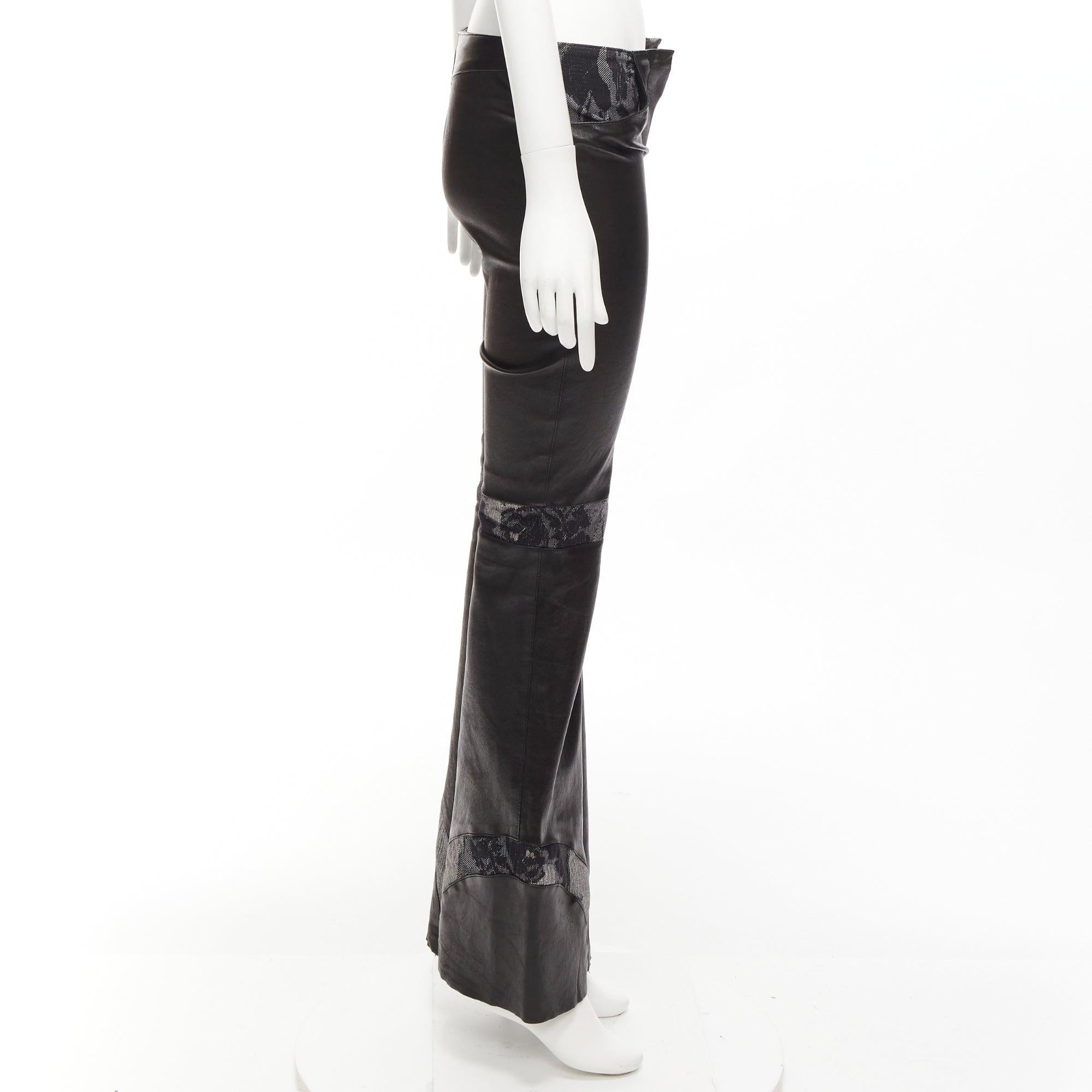 Women's JITROIS black leather cotton blend lace panels wide leg flared pants IT34 XXS For Sale