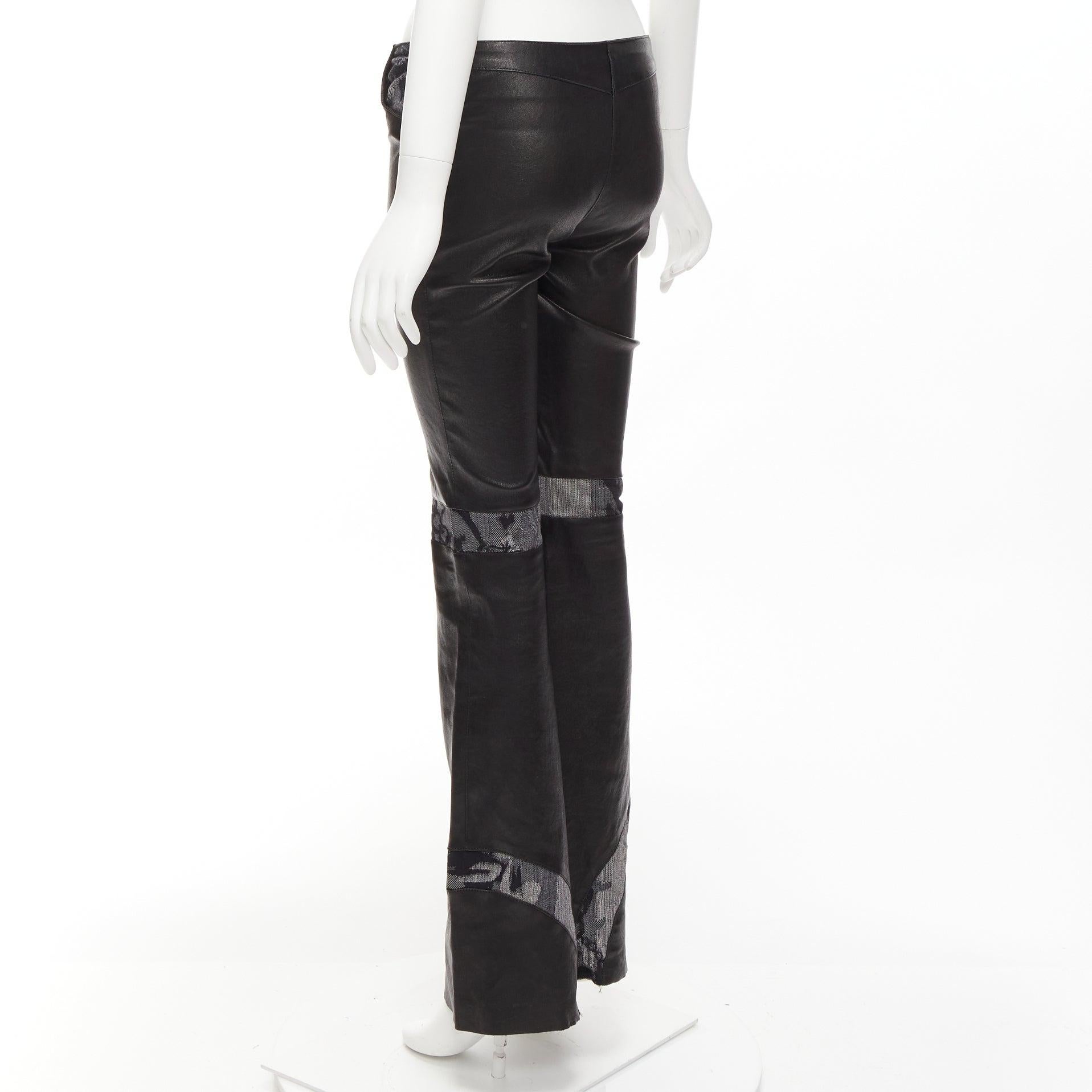 JITROIS black leather cotton blend lace panels wide leg flared pants IT34 XXS For Sale 2