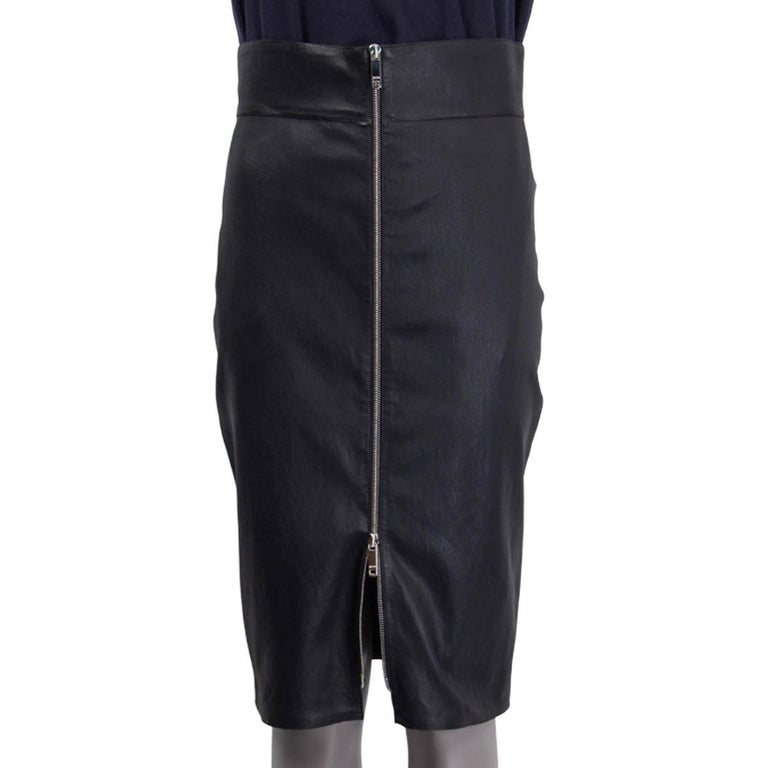 Black JITROIS black leather HIGH-WAISTED FRONT-ZIP Pencil Skirt 42 M For Sale