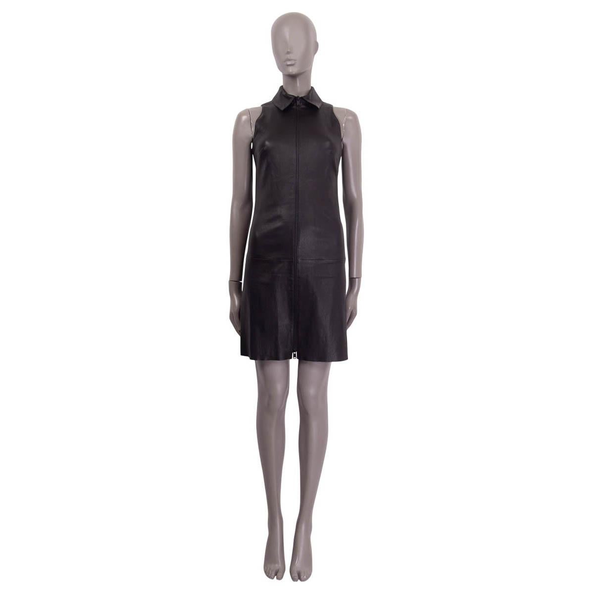 100% authentic Jitrois sleeveless dress in black lambskin (100%). Features a classic collar and opens with a full length front zipper. Lined in black cotton (97%) and spandex (3%). Has been worn and is in excellent condition.

Measurements
Tag