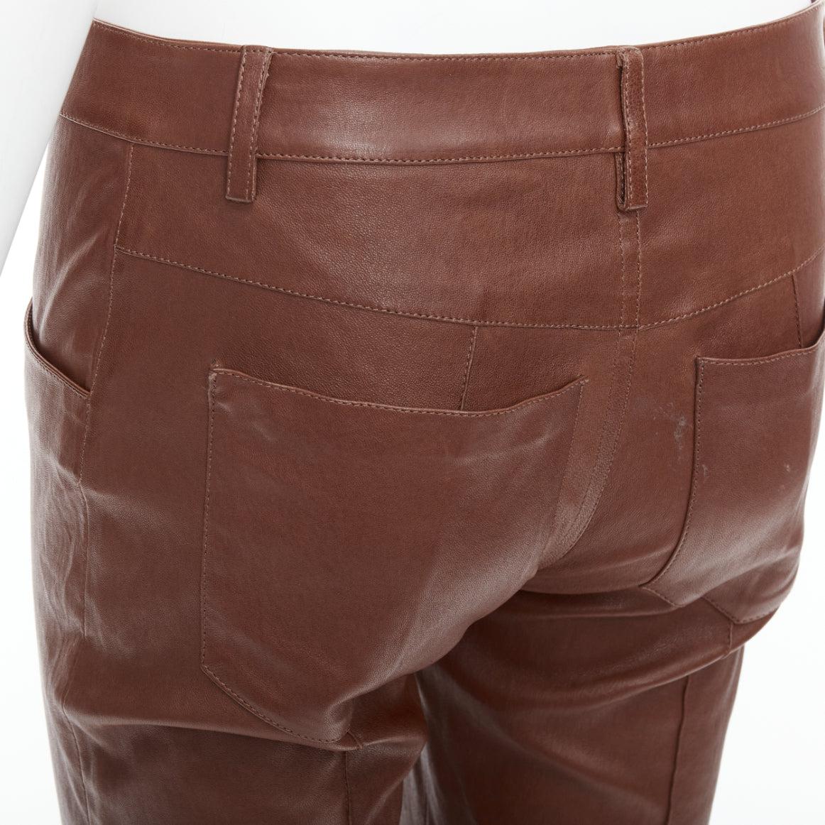 JITROIS brown genuine lambskin leather mid waist flare pants FR36 S
Reference: MECG/A00120
Brand: Jitrois
Material: Leather
Color: Brown
Pattern: Solid
Closure: Zip Fly
Extra Details: Panelled back.
Made in: France

CONDITION:
Condition: Fair, this
