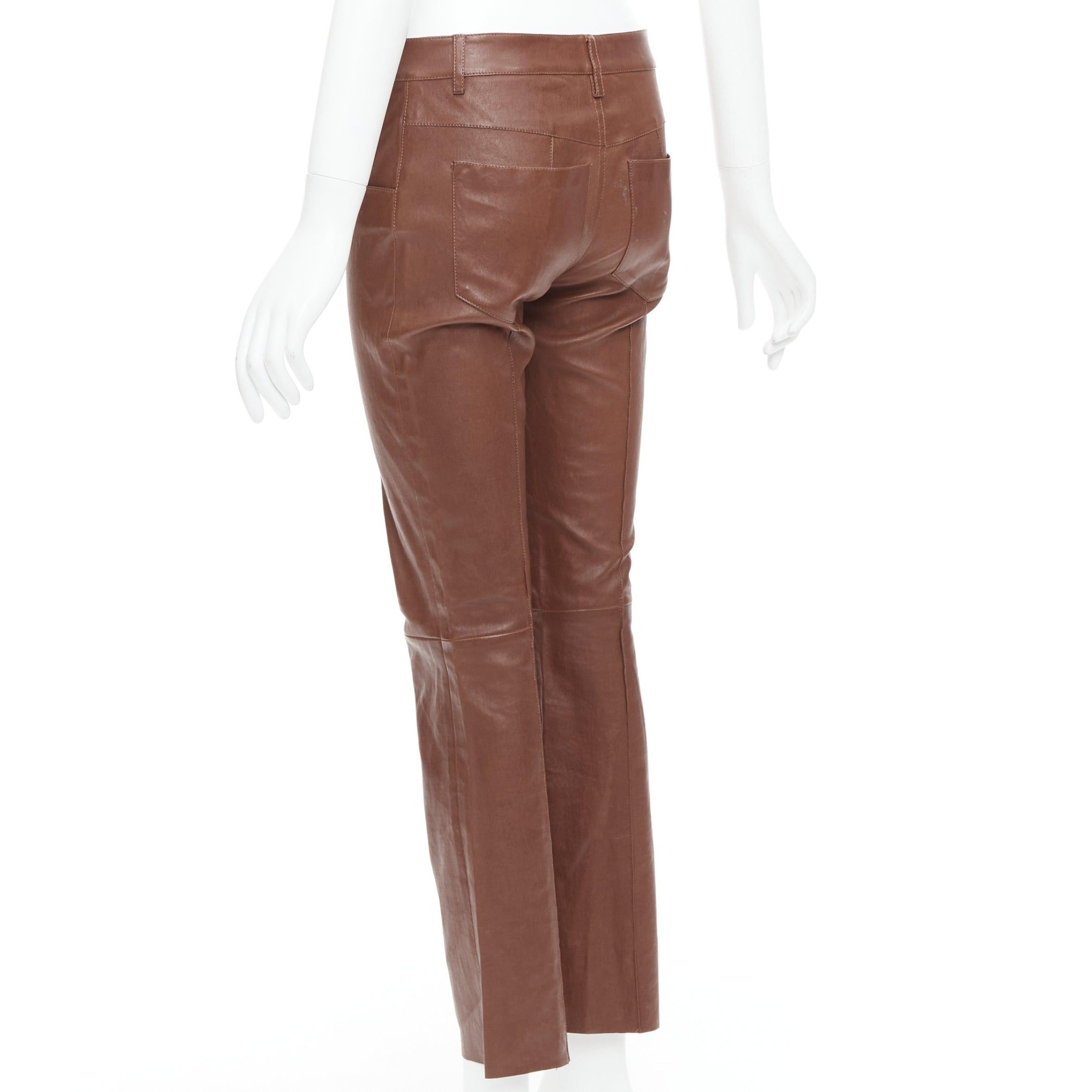 JITROIS brown genuine lambskin leather mid waist flare pants FR36 S For Sale 1