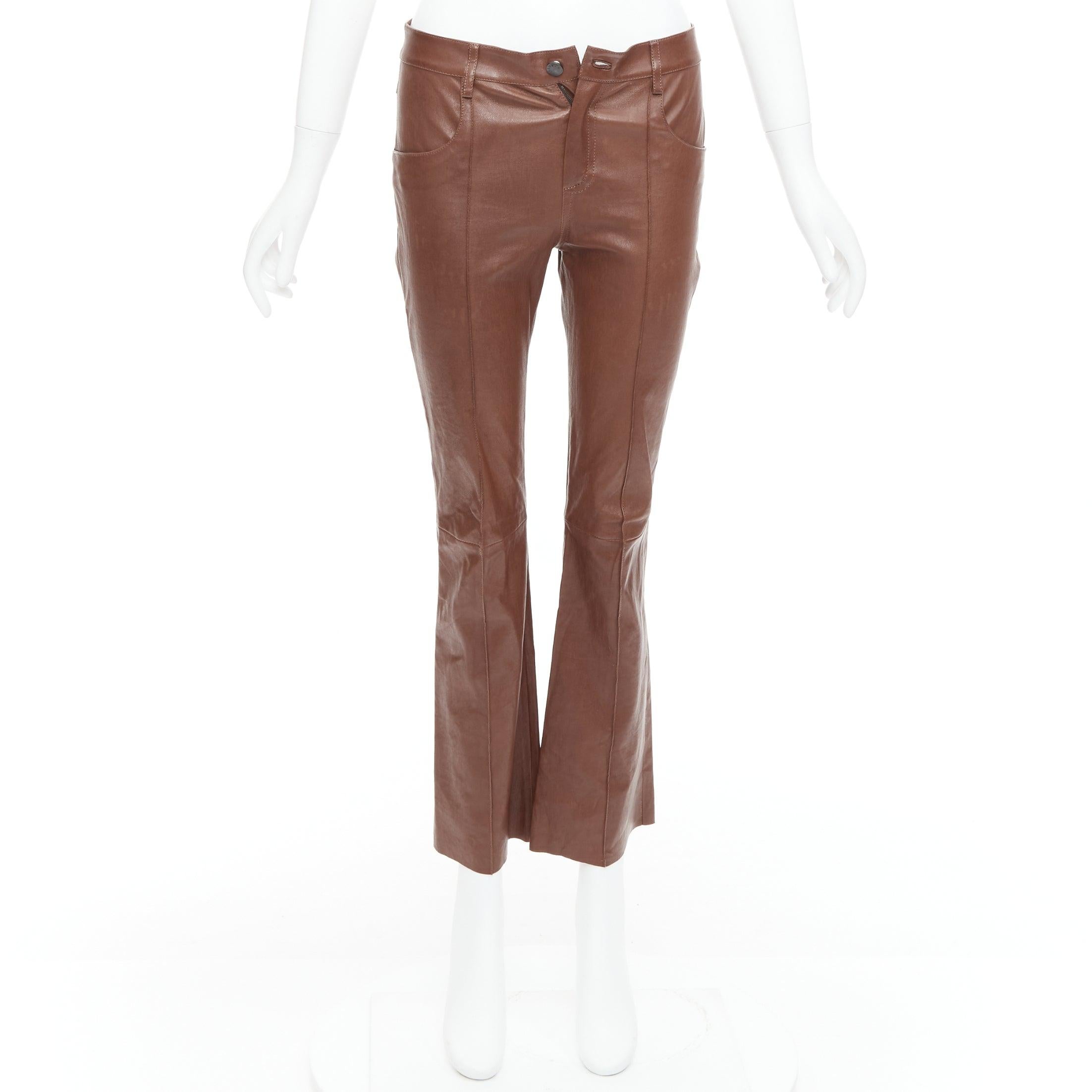JITROIS brown genuine lambskin leather mid waist flare pants FR36 S For Sale 4