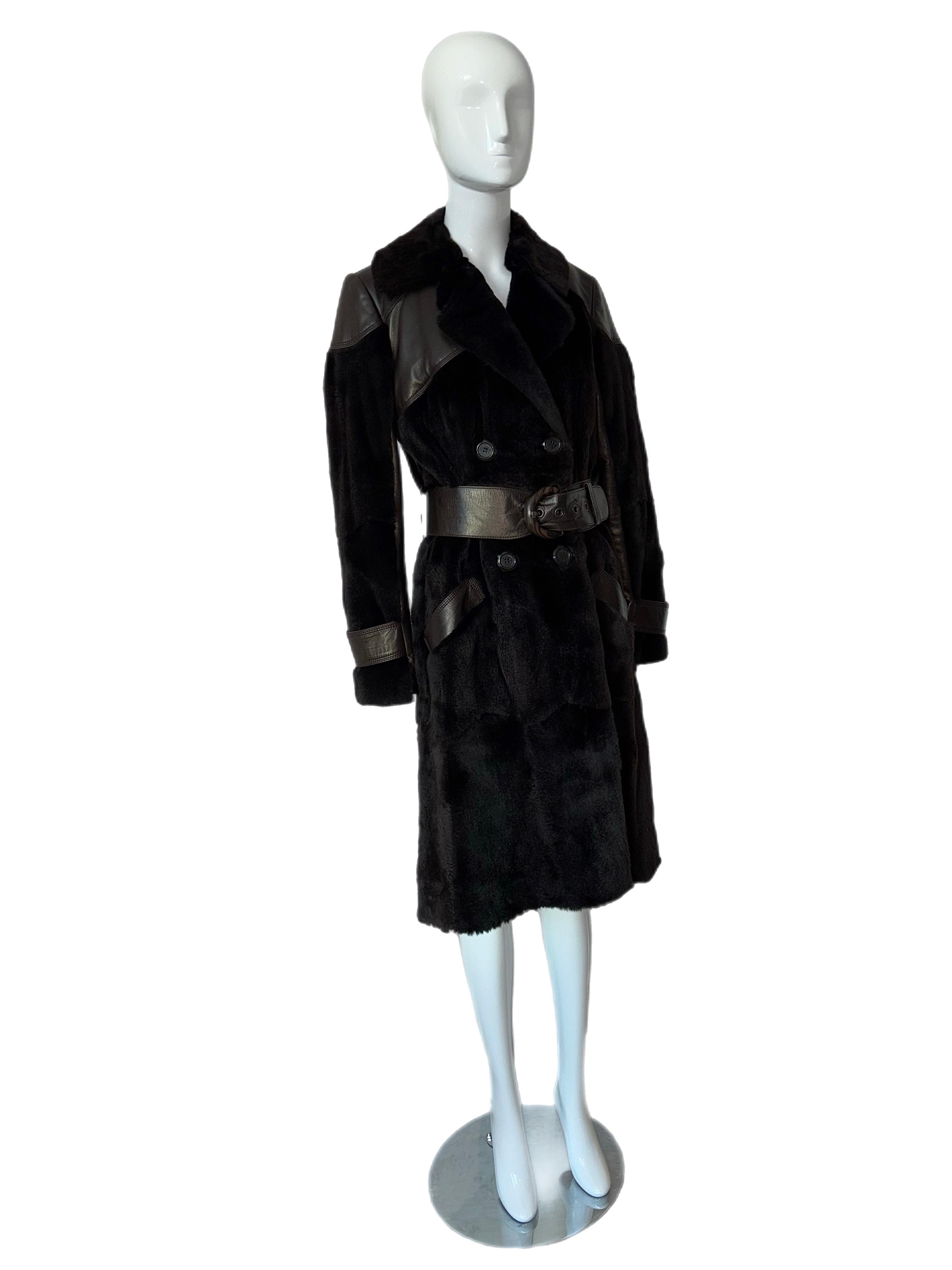 Black JITROIS Fur + Leather Double Breasted Coat Jacket For Sale