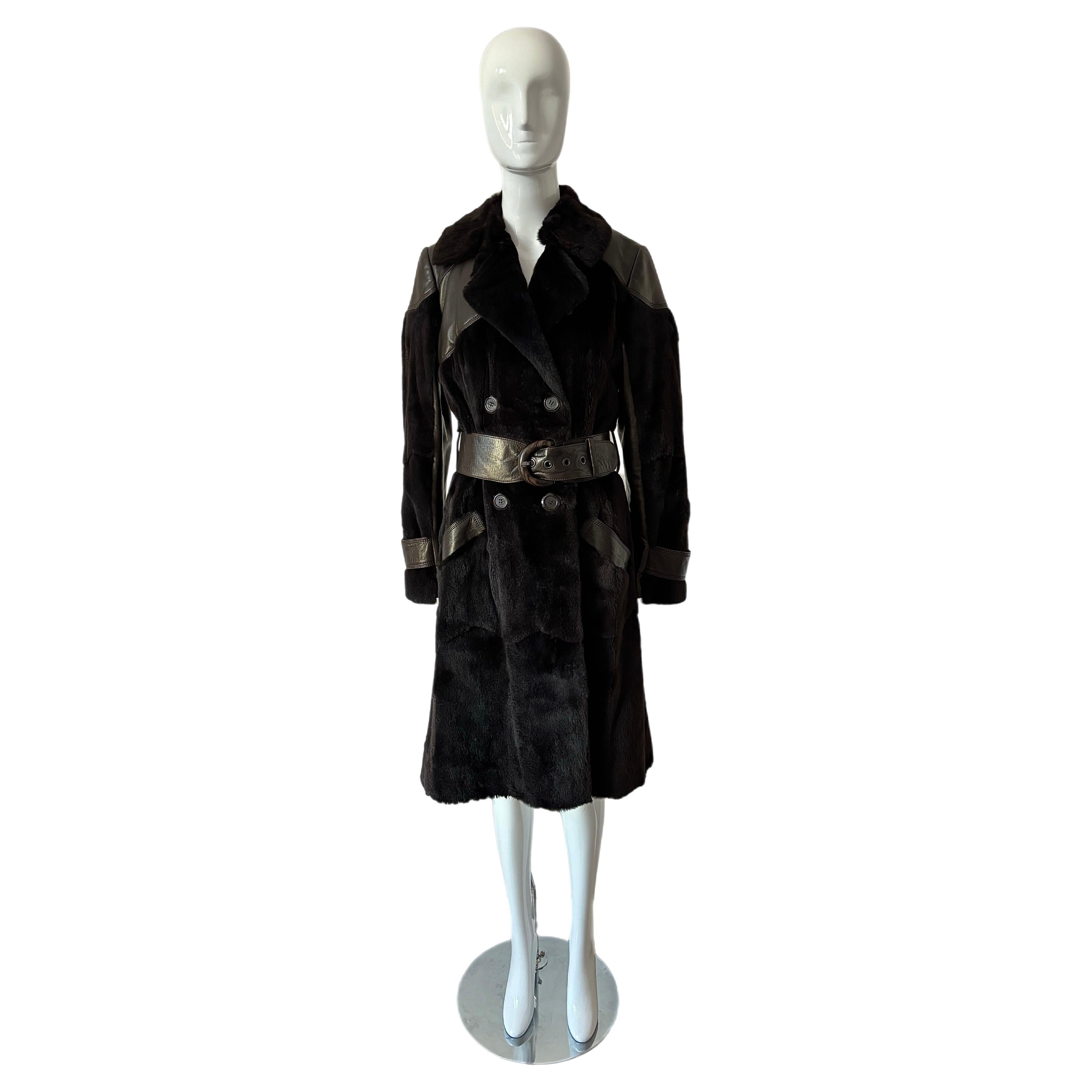 JITROIS Fur + Leather Double Breasted Coat Jacket For Sale