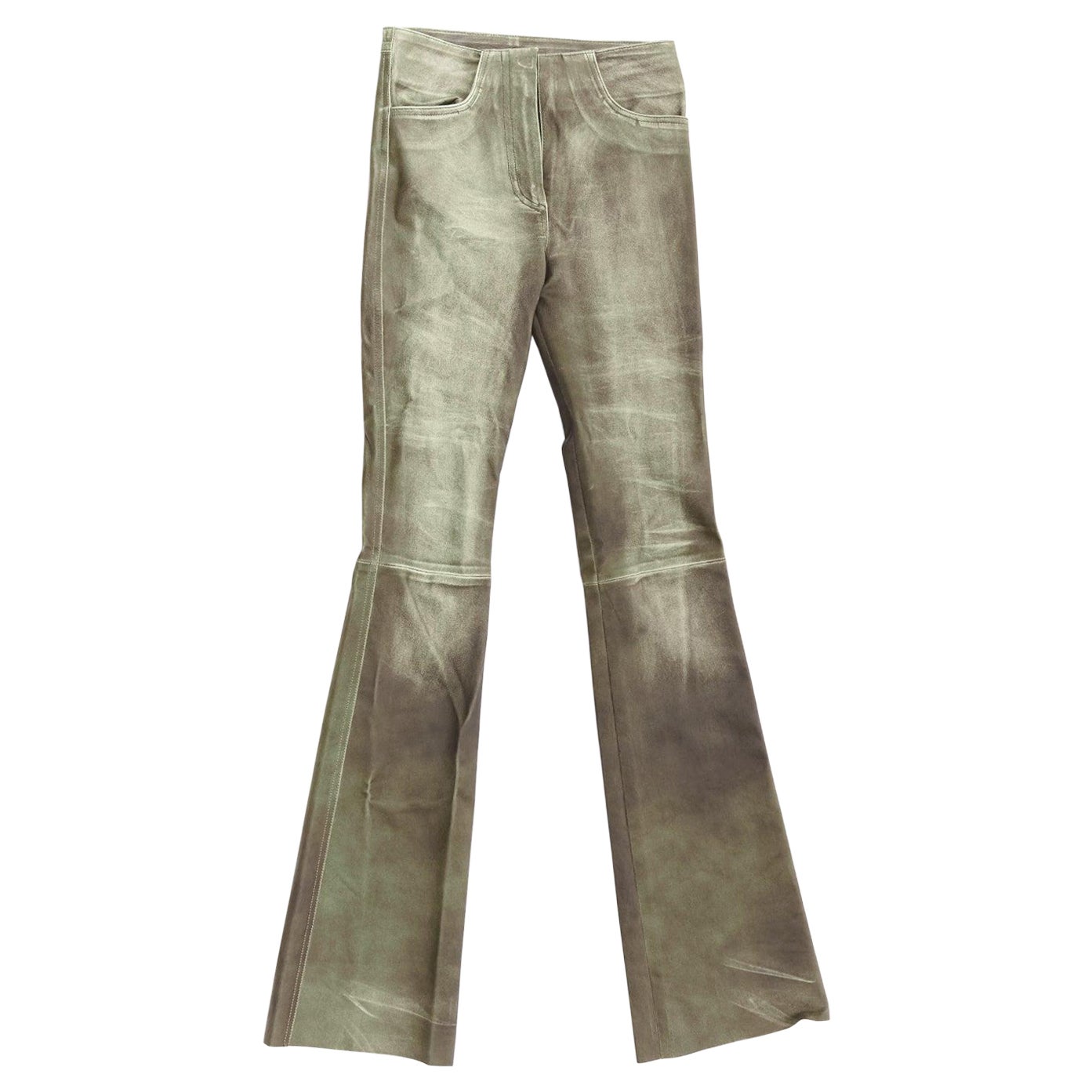 JITROIS grey washed leather mid waist patchwork flare cropped pants IT34 XXS