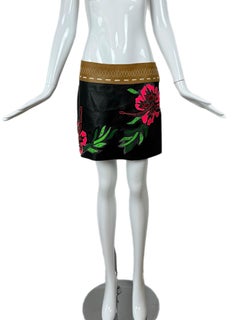 JITROIS soft lamb black leather neon floral hibiscus flower mini skirt