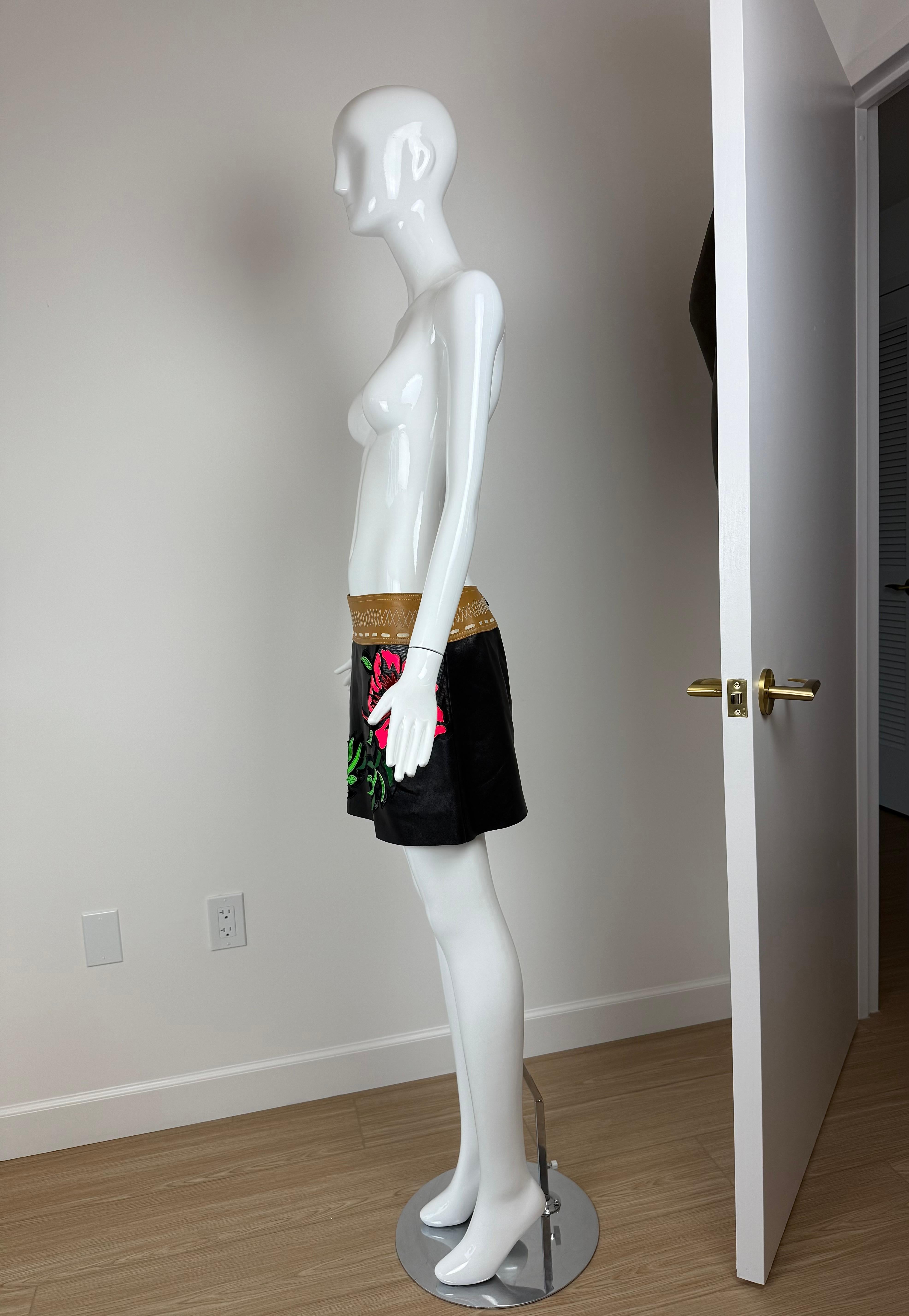 JITROIS soft lamb black leather neon floral hibiscus flower mini skirt For Sale 1
