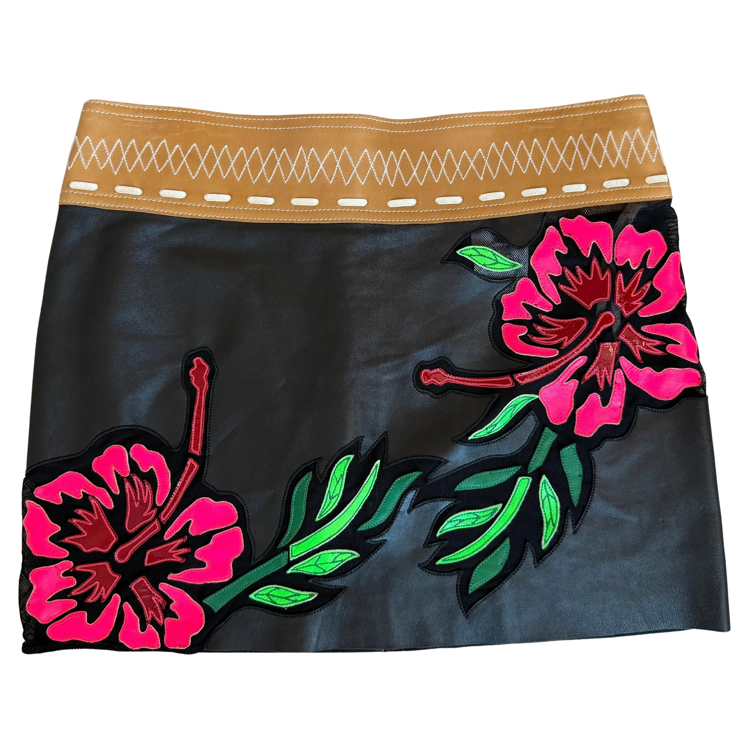 JITROIS soft lamb black leather neon floral hibiscus flower mini skirt