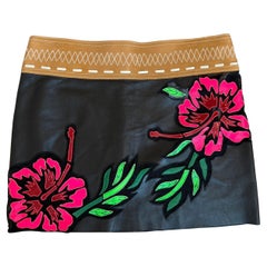JITROIS piel suave de cordero negra minifalda floral neón flor de hibisco
