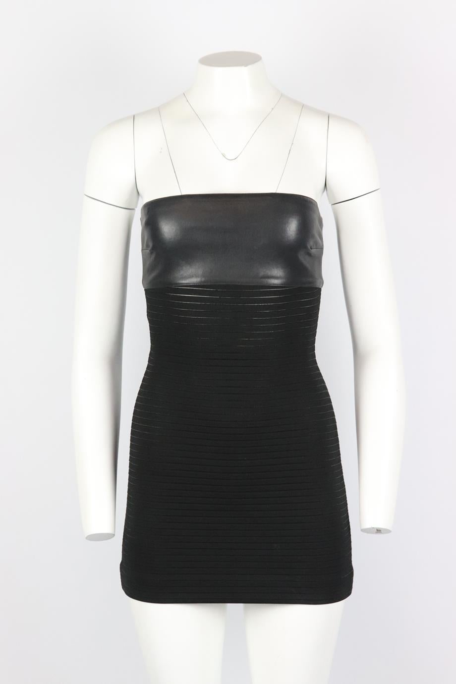 Jitrois strapless leather paneled stretch knit mini dress. Black. Sleeveless, bandeau. Zip fastening at back. Size: FR 36 (UK 8, US 4, IT 40). Bust: 27 in. Waist: 24 in. Hips: 32.4 in. Length: 22.5 in. Very good condtiion - Small mark on front.