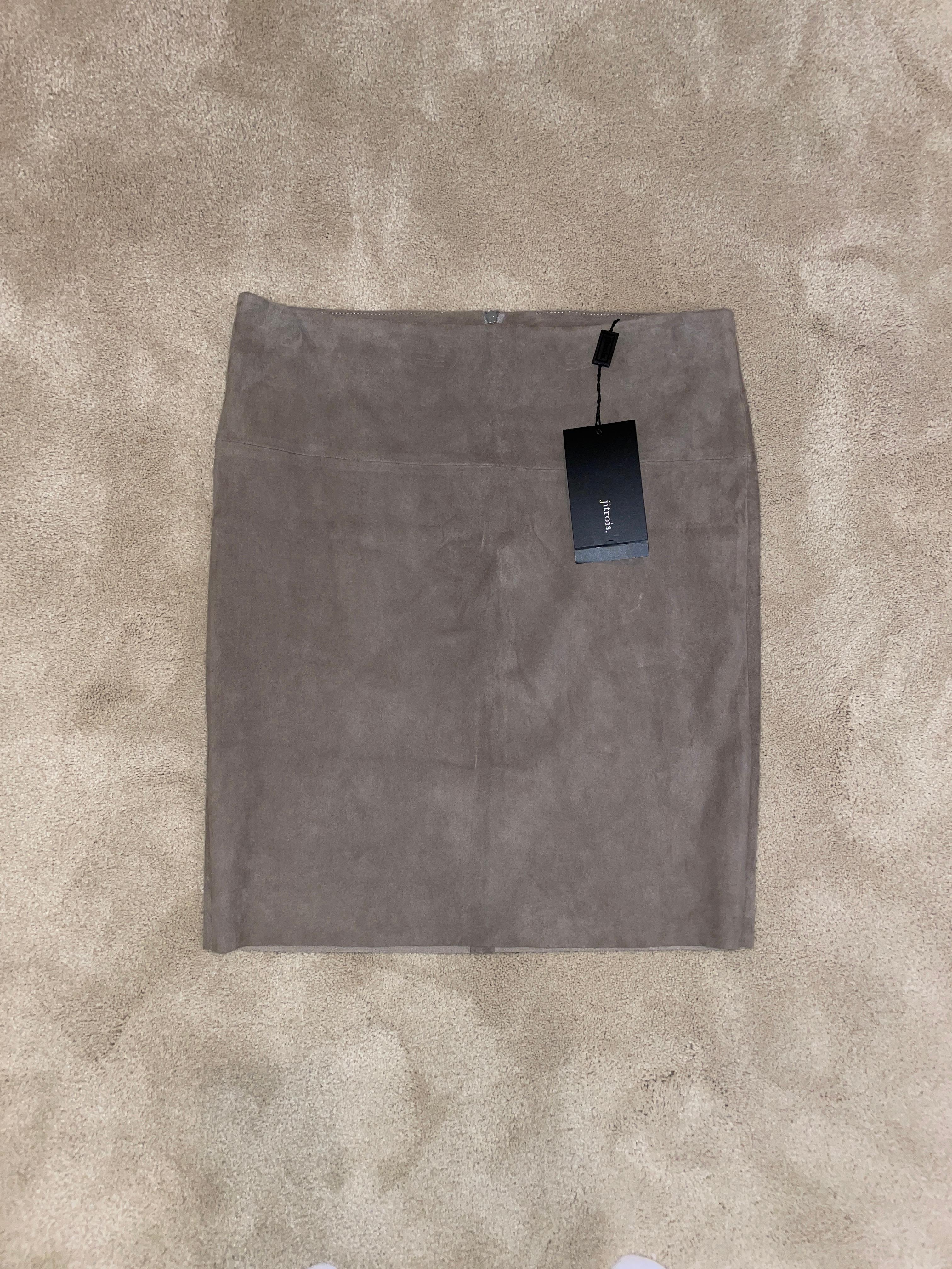 NWT's Jitrois tan beige pencil stretch suede skirt. Super comfy, no flaws, lightweight. F40, Measurements laying flat in inches: waist 15, hips 17, length 18.5 ... the 15 waist cannot stretch but the rest of the skirt can stretch by 1