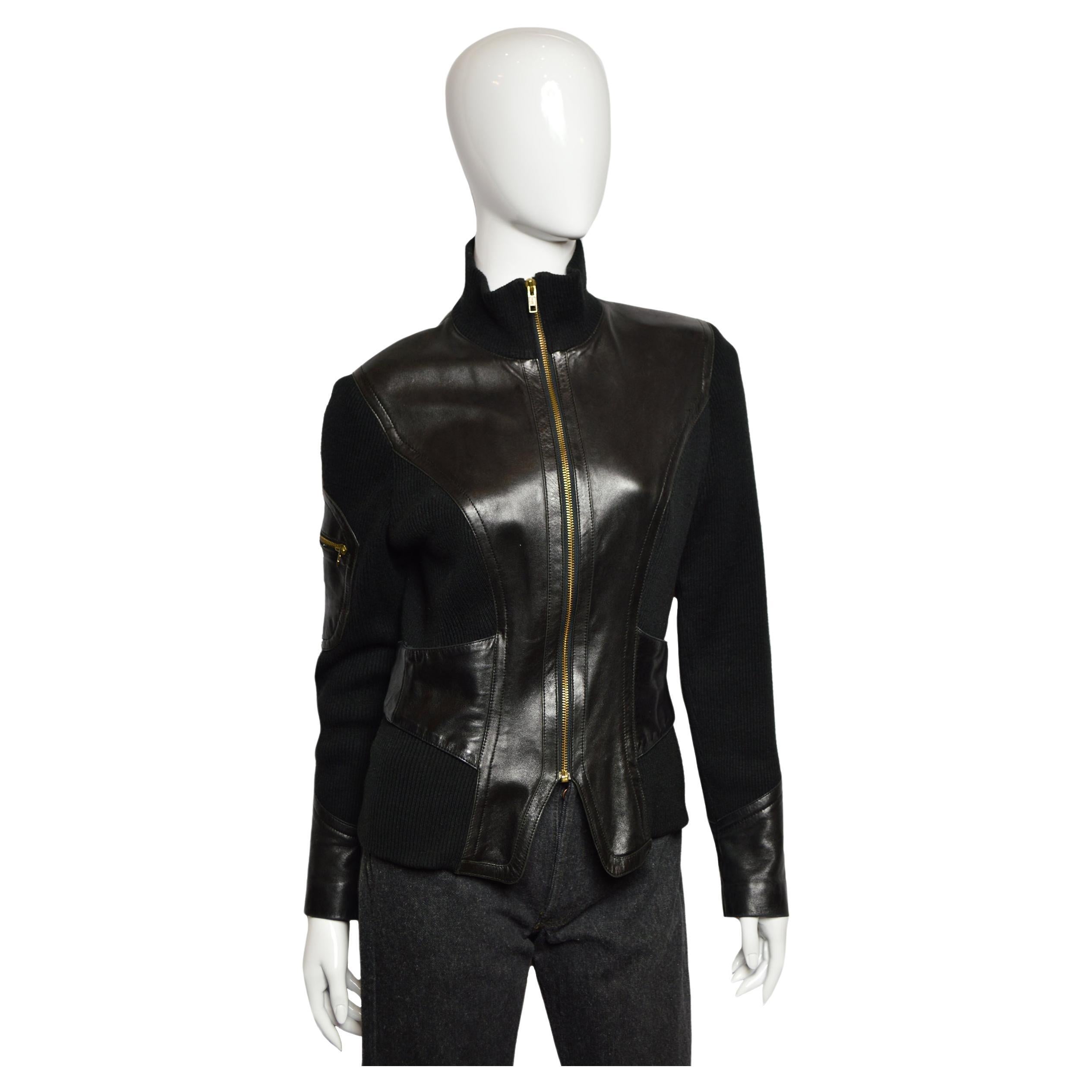 FENDI Black Leather Silver and Gold Metal Chain Fringe Moto Mandarin Collar  Jacket For Sale at 1stDibs