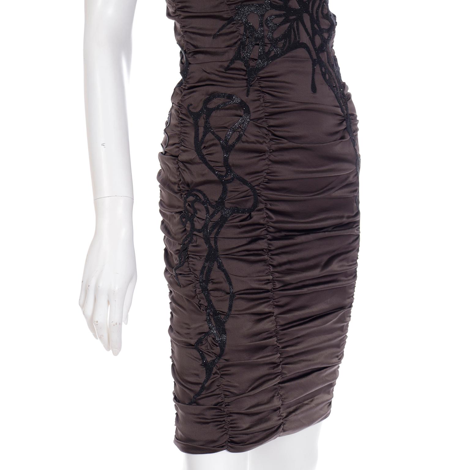 Jitrois Vintage Silk Ruched Dress w Beaded Lambskin Leather Appliques For Sale 2