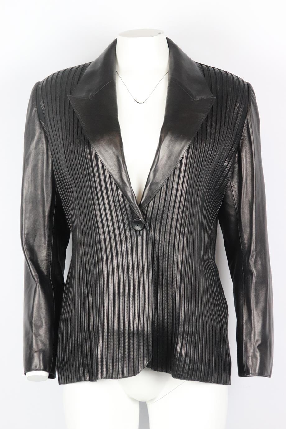 Jitrois vintage tulle and leather blazer. Black. Long sleeve, v-neck. Button fastening at front. 100% Lambskin; lining: 100% acetate. Size: FR 40 (UK 12, US 8, IT 44). Shoulder to shoulder: 17 in. Bust: 44 in. Waist: 38 in. Hips: 42 in. Length: 28