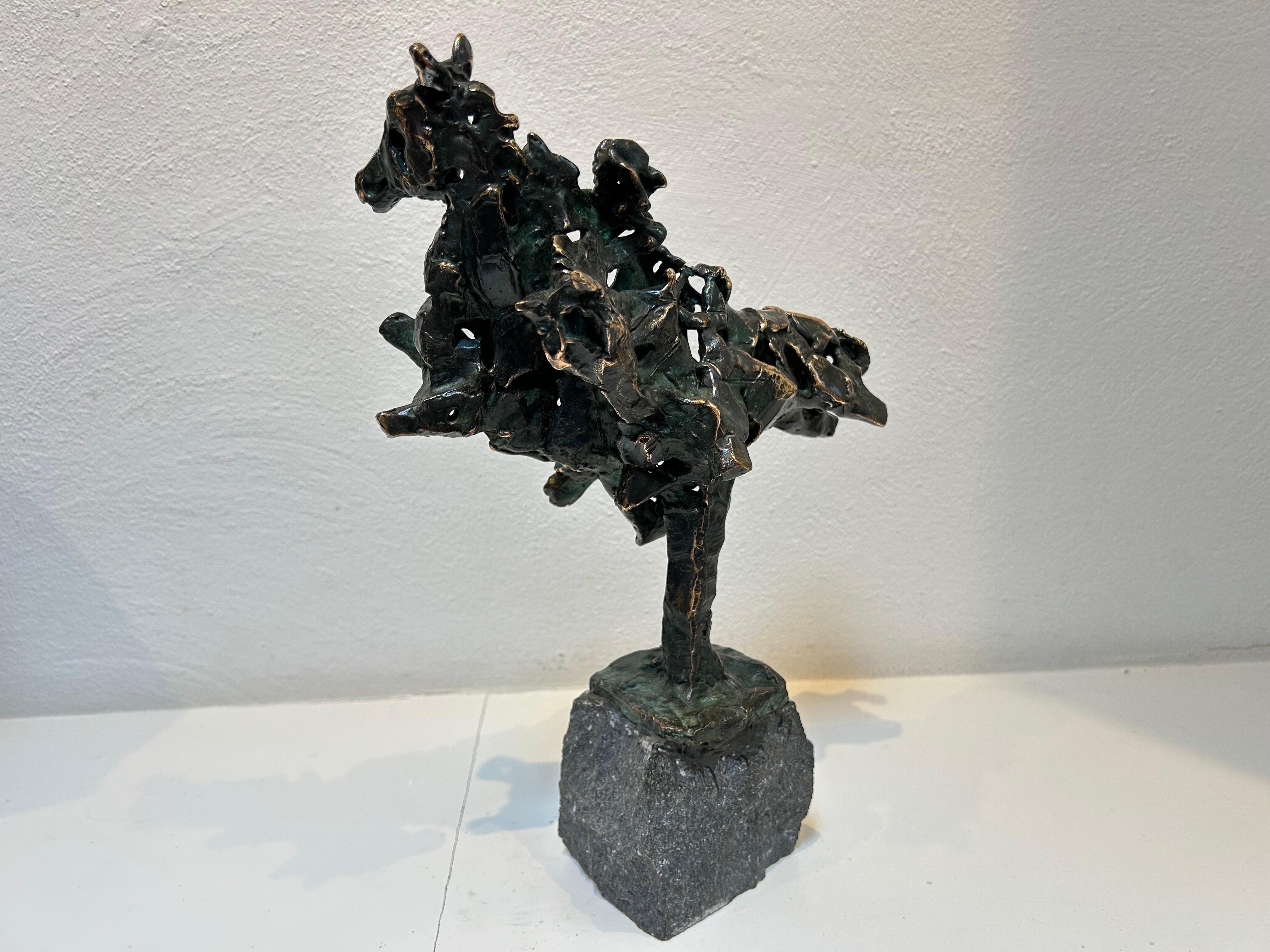 Amazone Ruiter Amazon Horseman Contemporary Animal Men Sculpture Bronze In Stock - Gold Figurative Sculpture by Jits Bakker