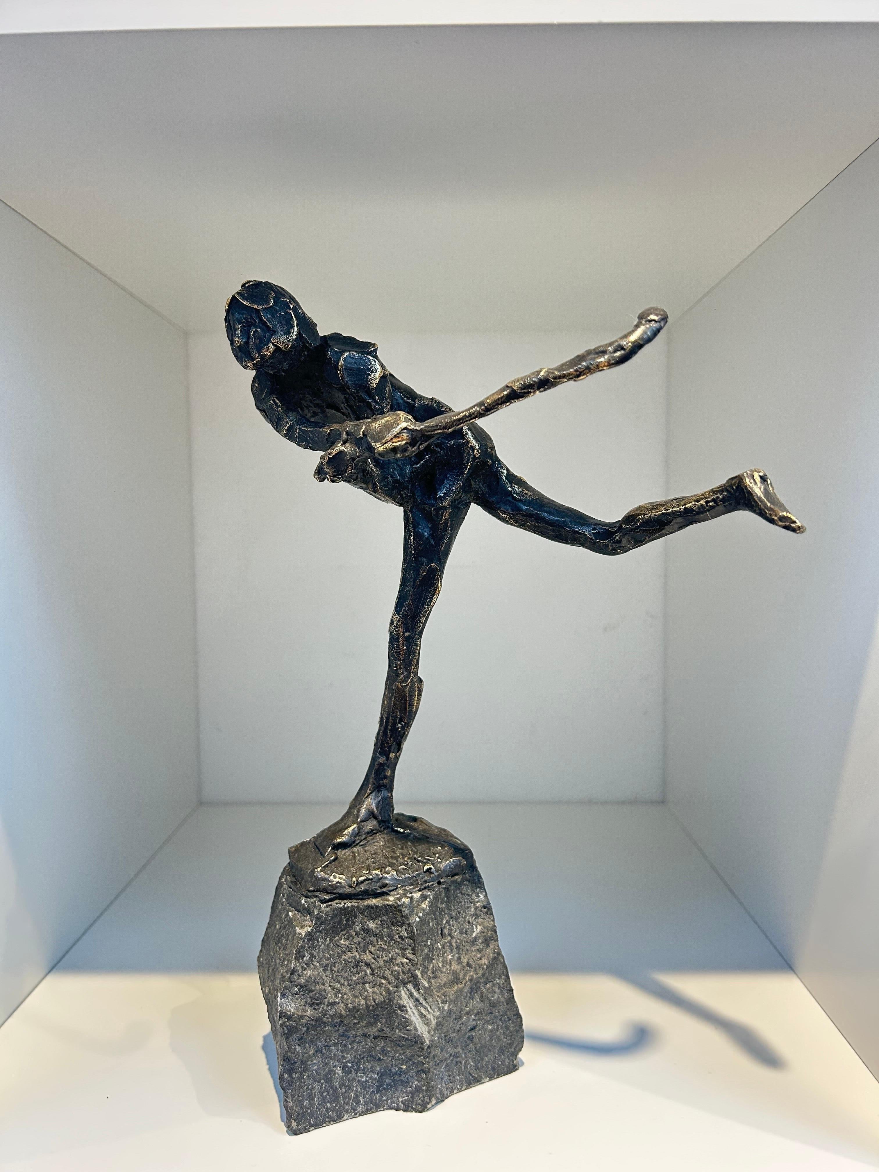 Hockey Playing Sports Bronze Sculpture Male Figure Movement Outdoors In Stock - Gold Figurative Sculpture by Jits Bakker